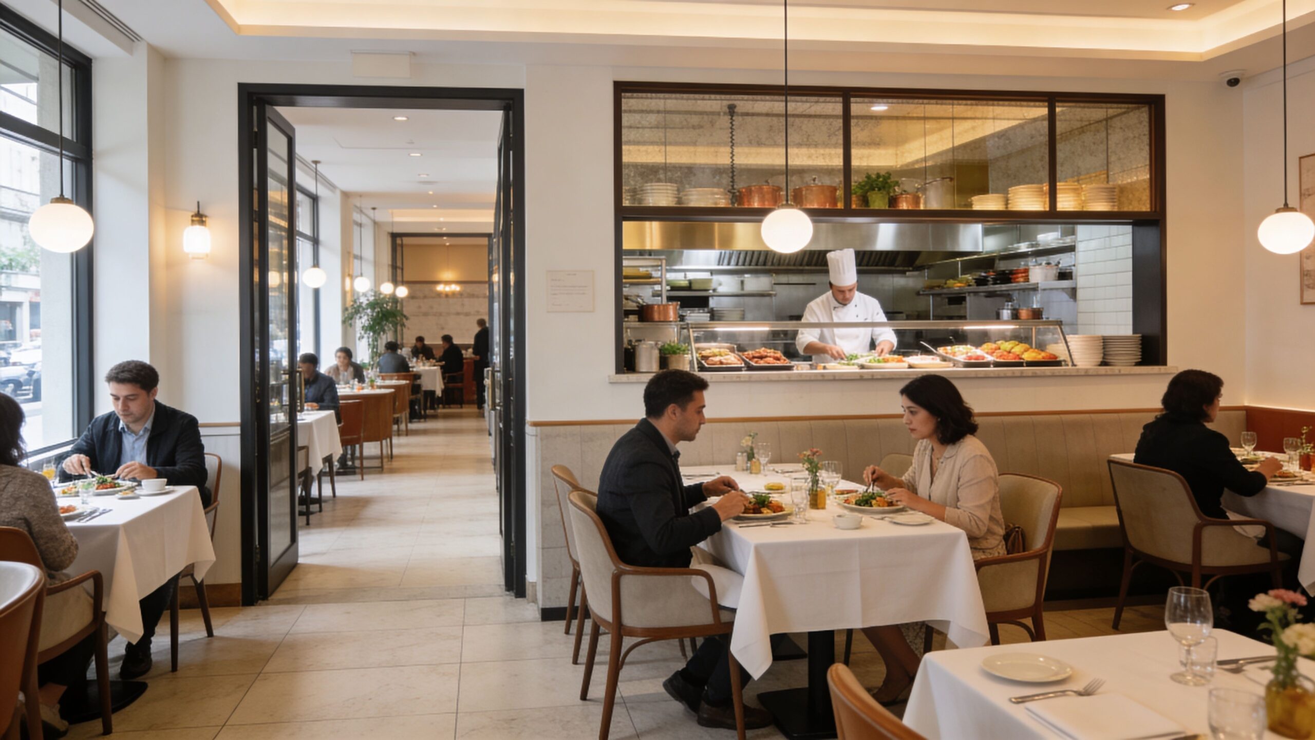 Patrons dining in an elegant restaurant with an open kitchen where a chef is preparing food.