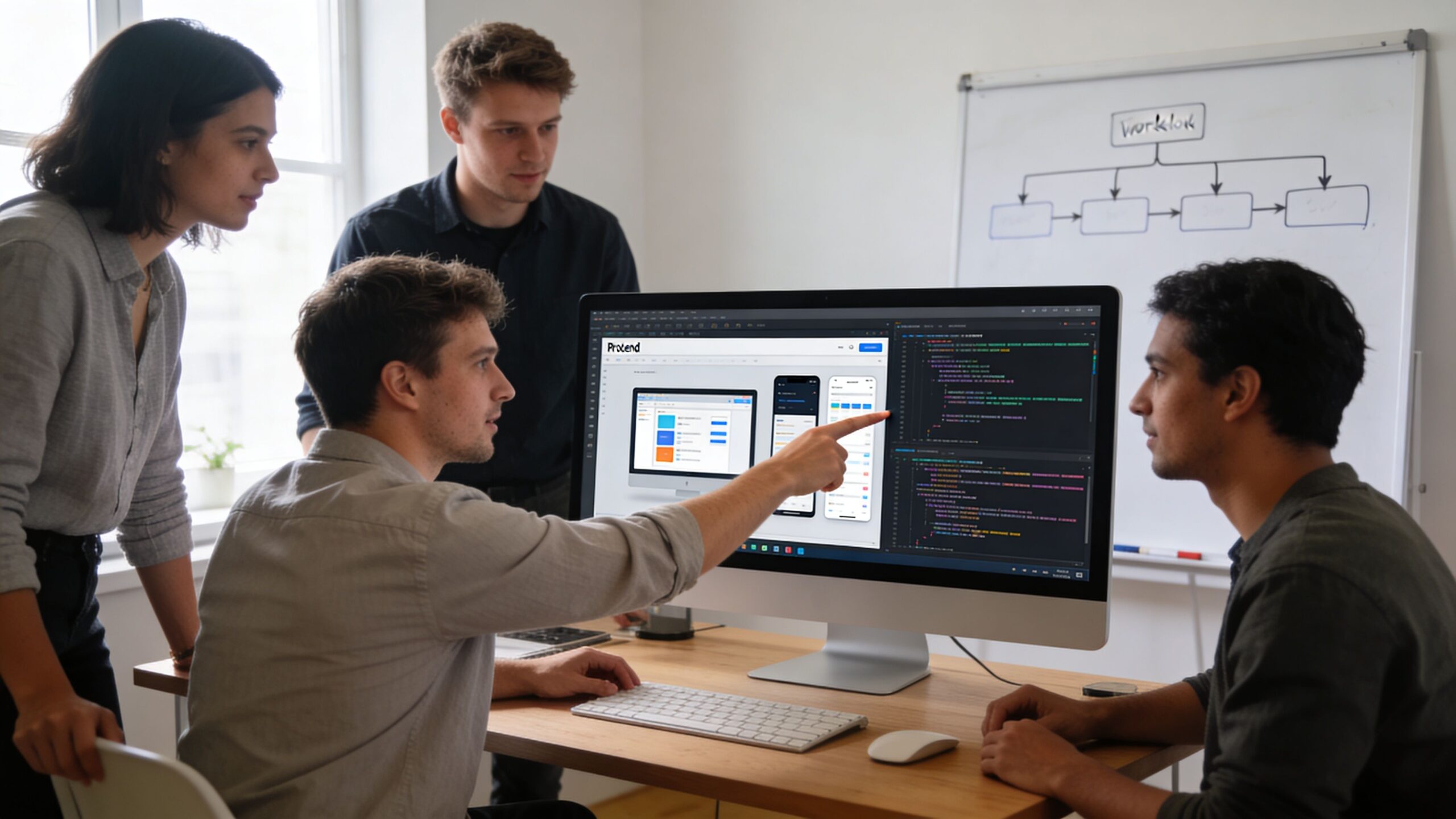 A team of four developers collaborating on a software project while reviewing code on a desktop computer.