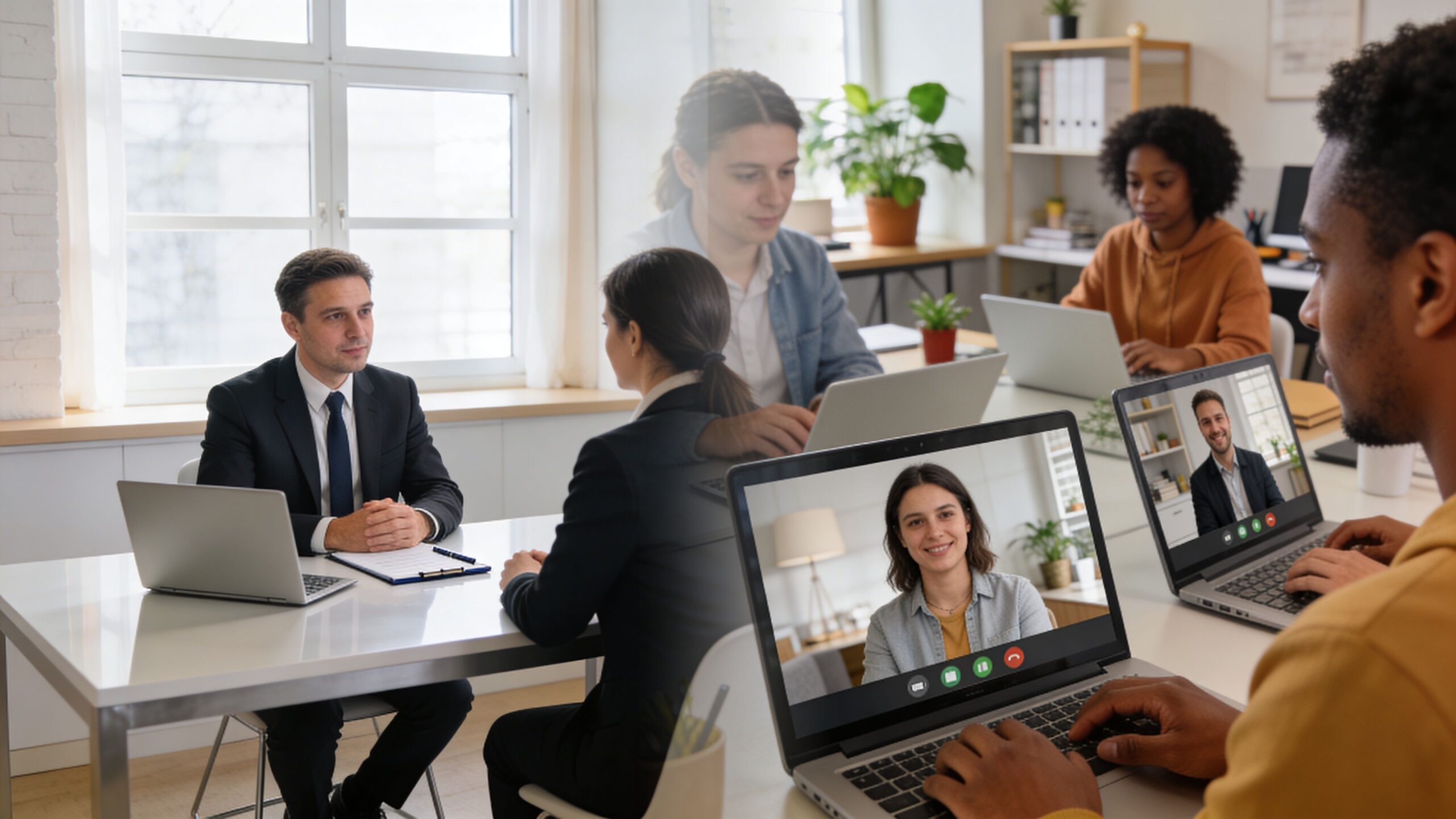 A professional business meeting occurring simultaneously in an office and through an online video conferencing call.