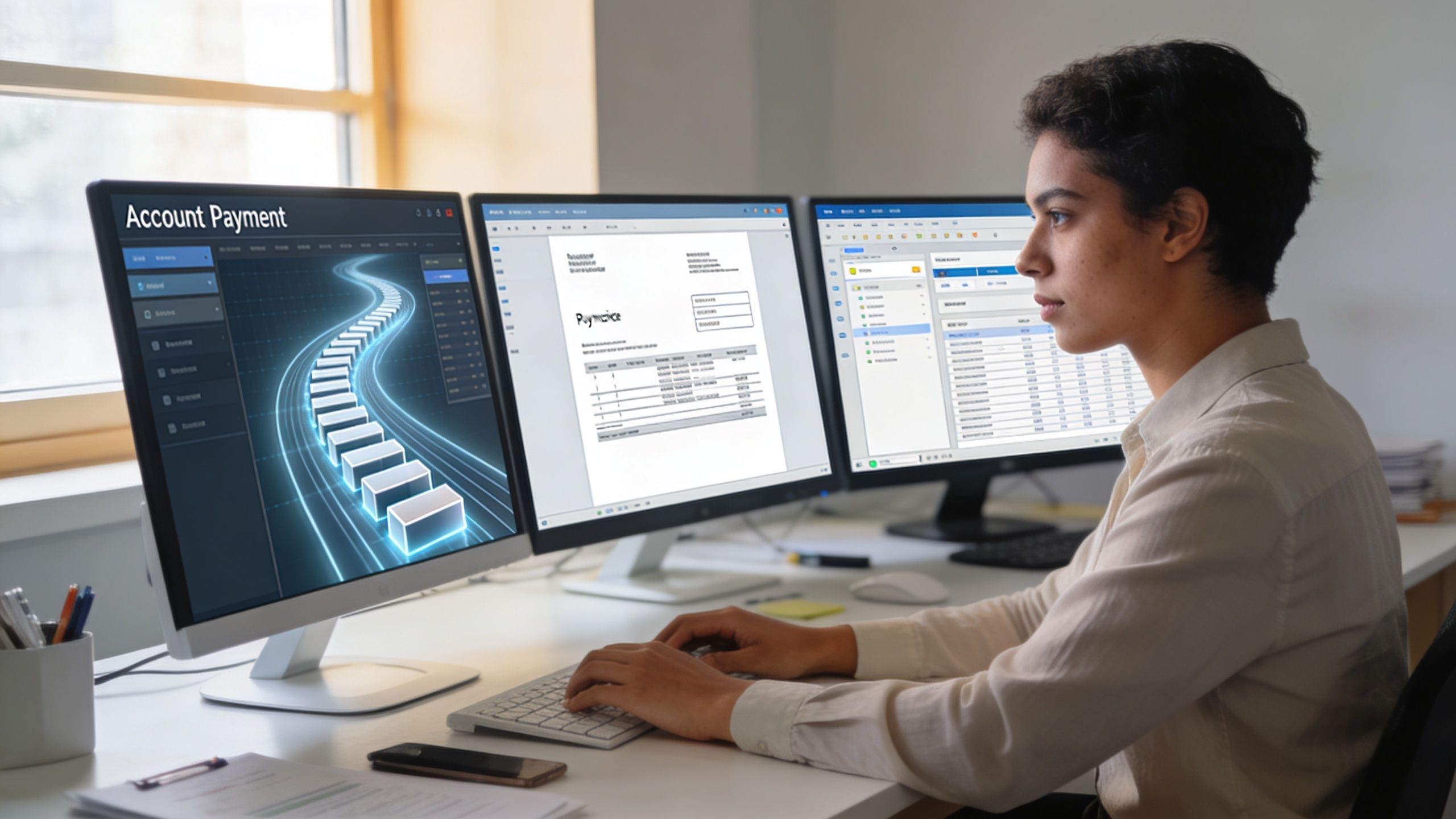 A professional woman working at a computer station with multiple monitors reviewing digital accounting financial invoices.