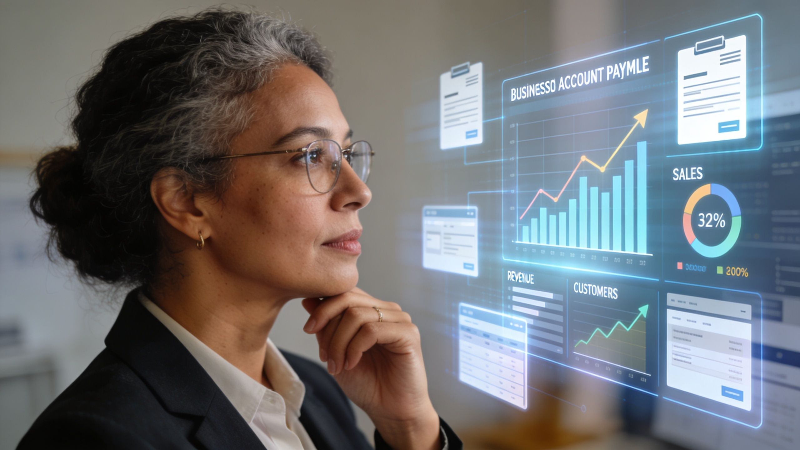 A professional woman in business attire analyzing digital data charts and business metrics on a holographic interface.
