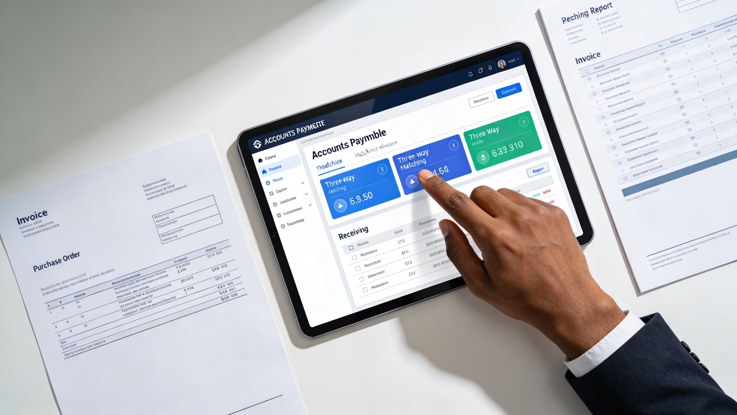 A professional using a tablet to review accounts payable data for business financial management and reporting.