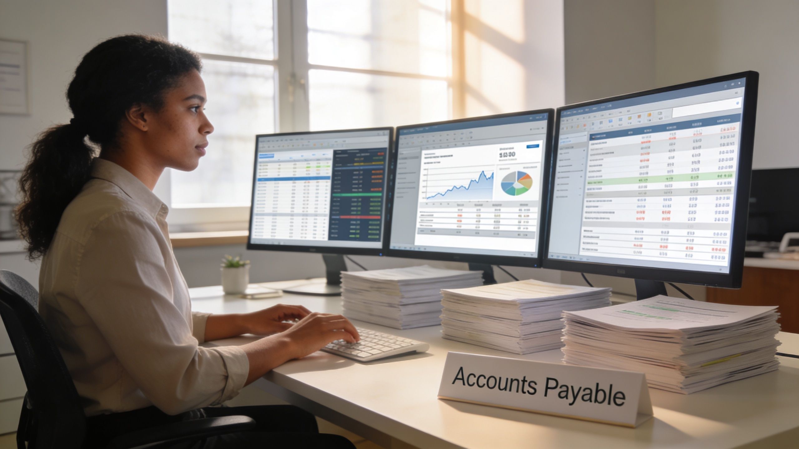 A professional woman working at a desk with multiple monitors analyzing accounts payable financial data reports.