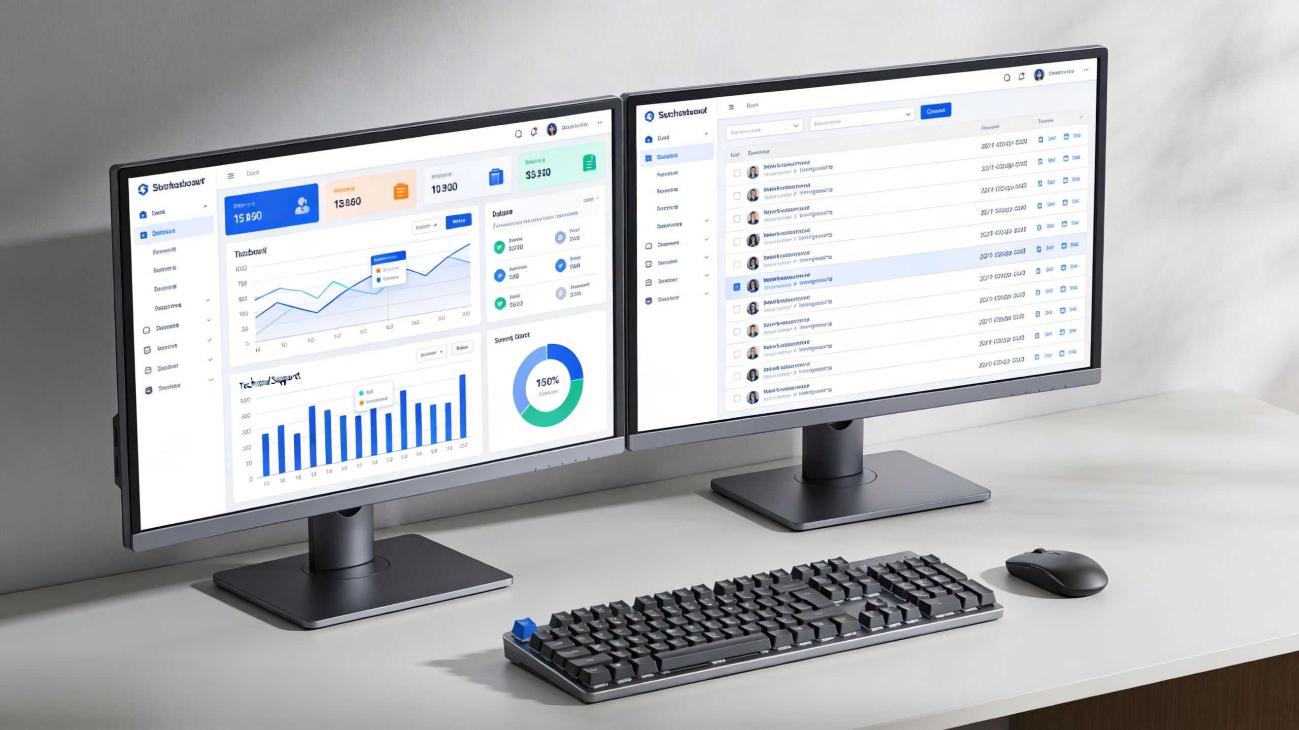 A professional dual monitor workspace displaying business analytics dashboards and support ticket management interfaces on a desk.