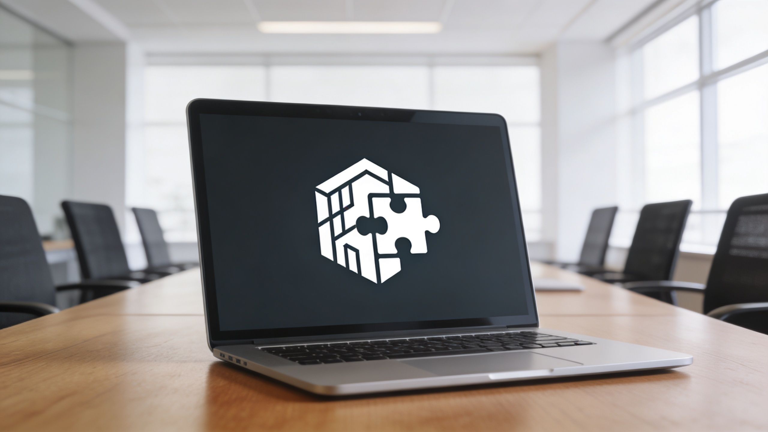 A modern laptop on a conference table displaying a white puzzle piece icon on its screen.