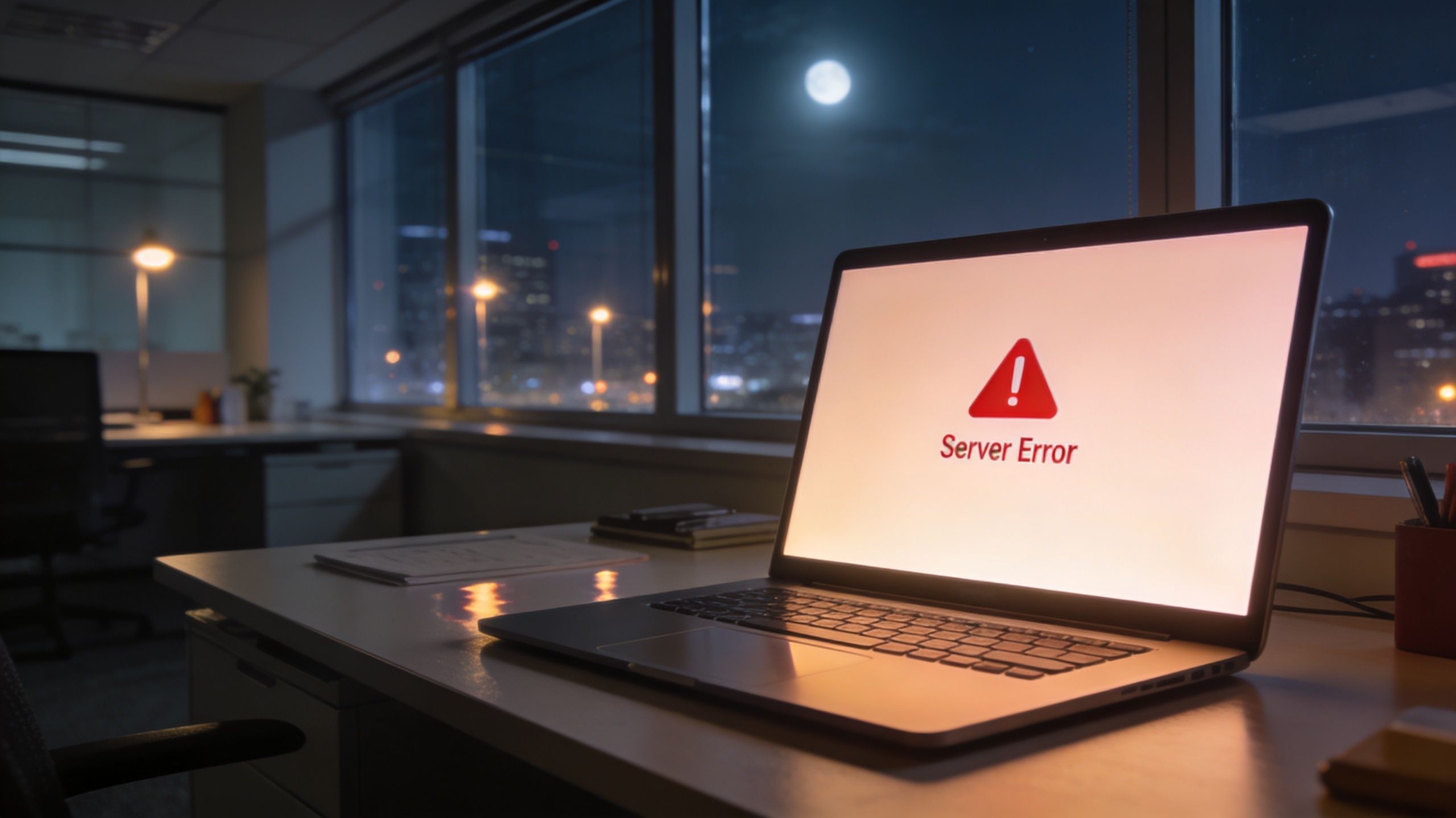 A laptop on an office desk at night displaying a server error message on its screen.
