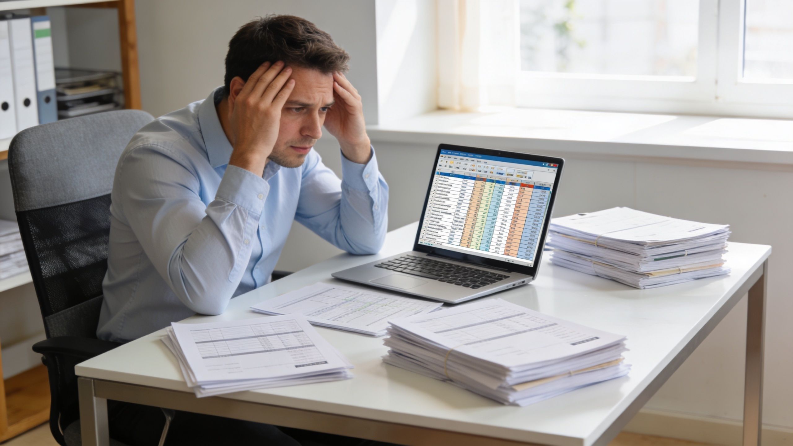 A stressed man sitting at a desk surrounded by large piles of paperwork working on a laptop.