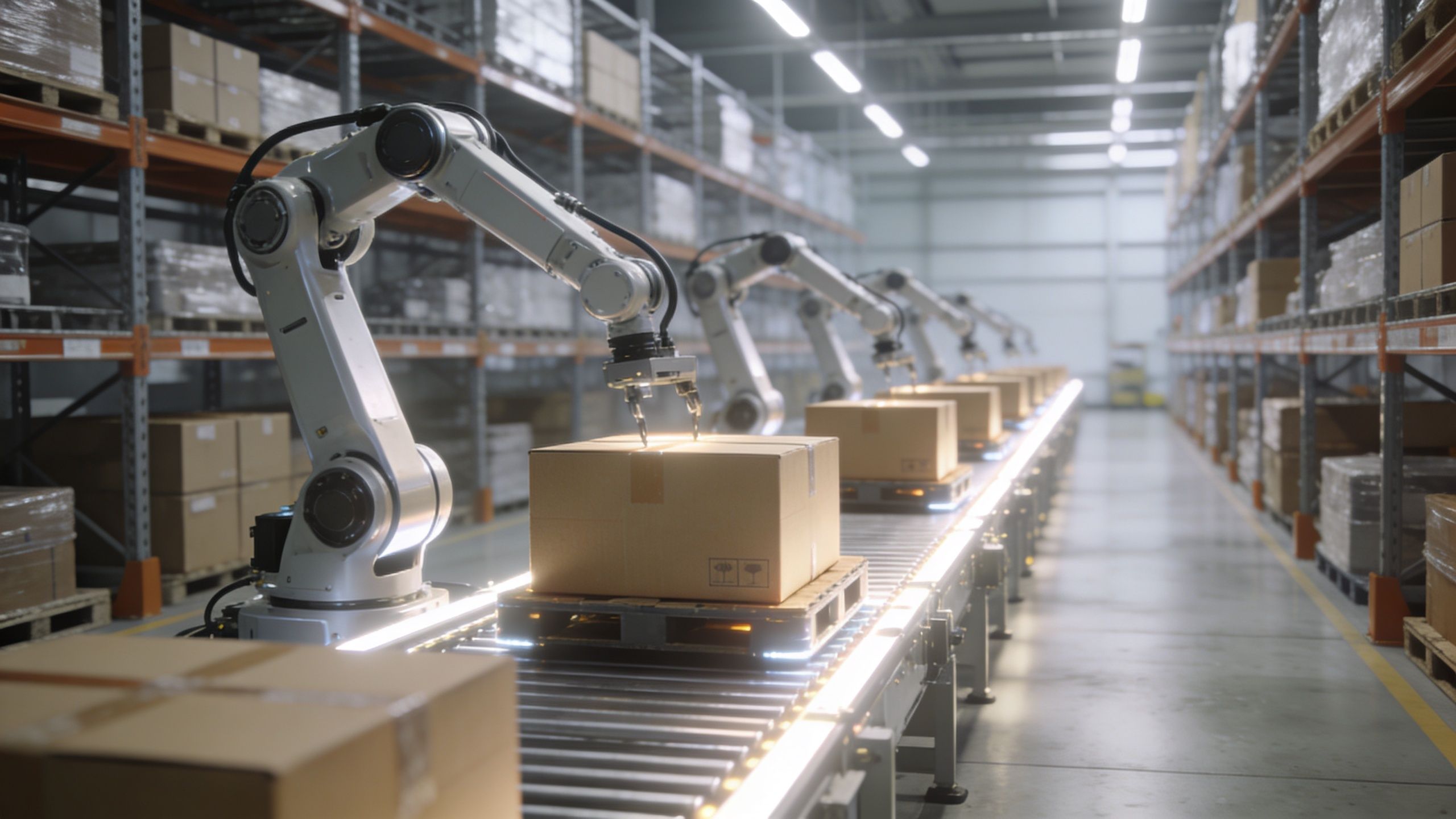 Robotic arms on an automated production line moving cardboard boxes on a conveyor belt in a warehouse.