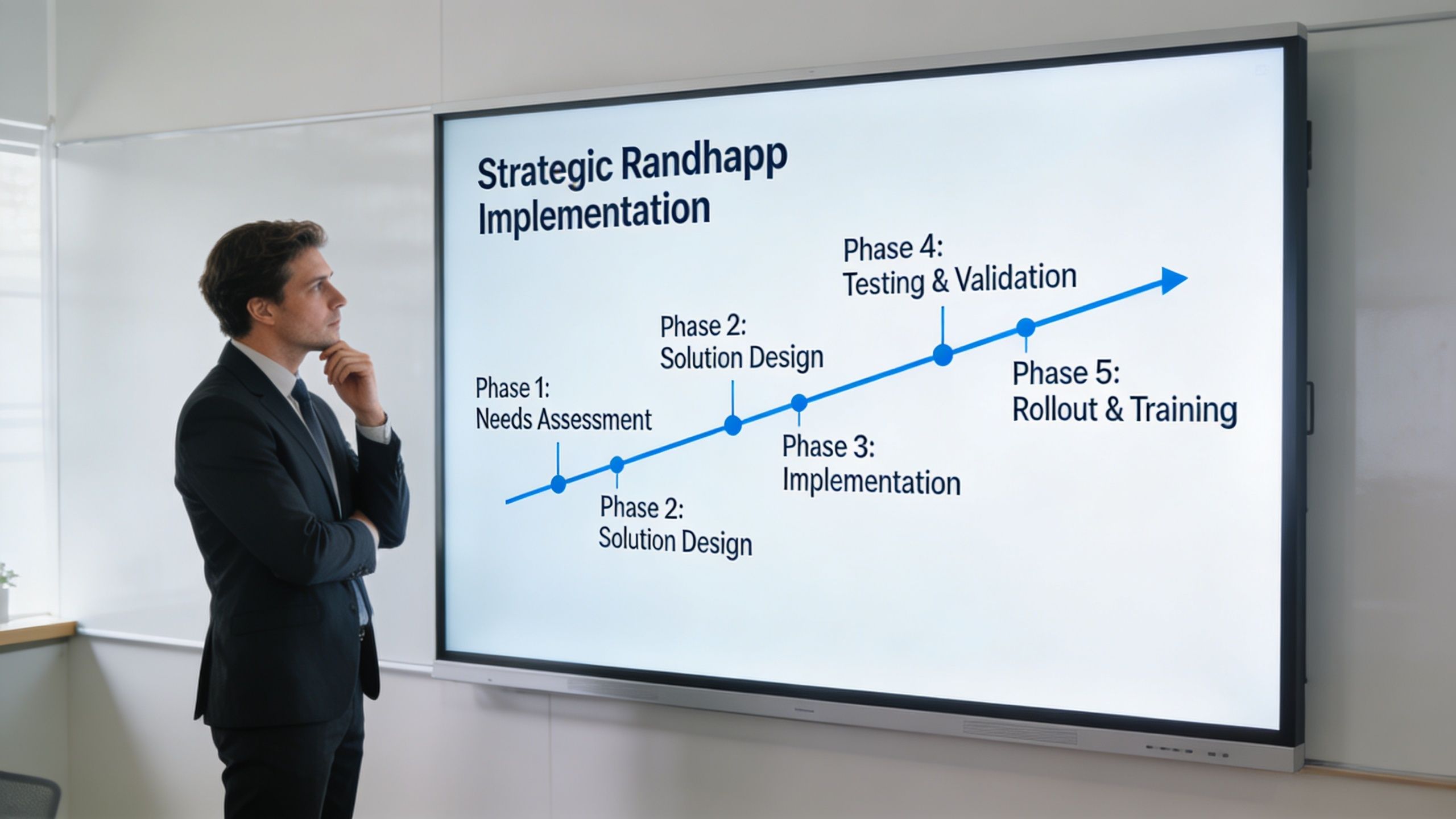 A professional man in a suit looks thoughtfully at a strategic implementation chart on a whiteboard.