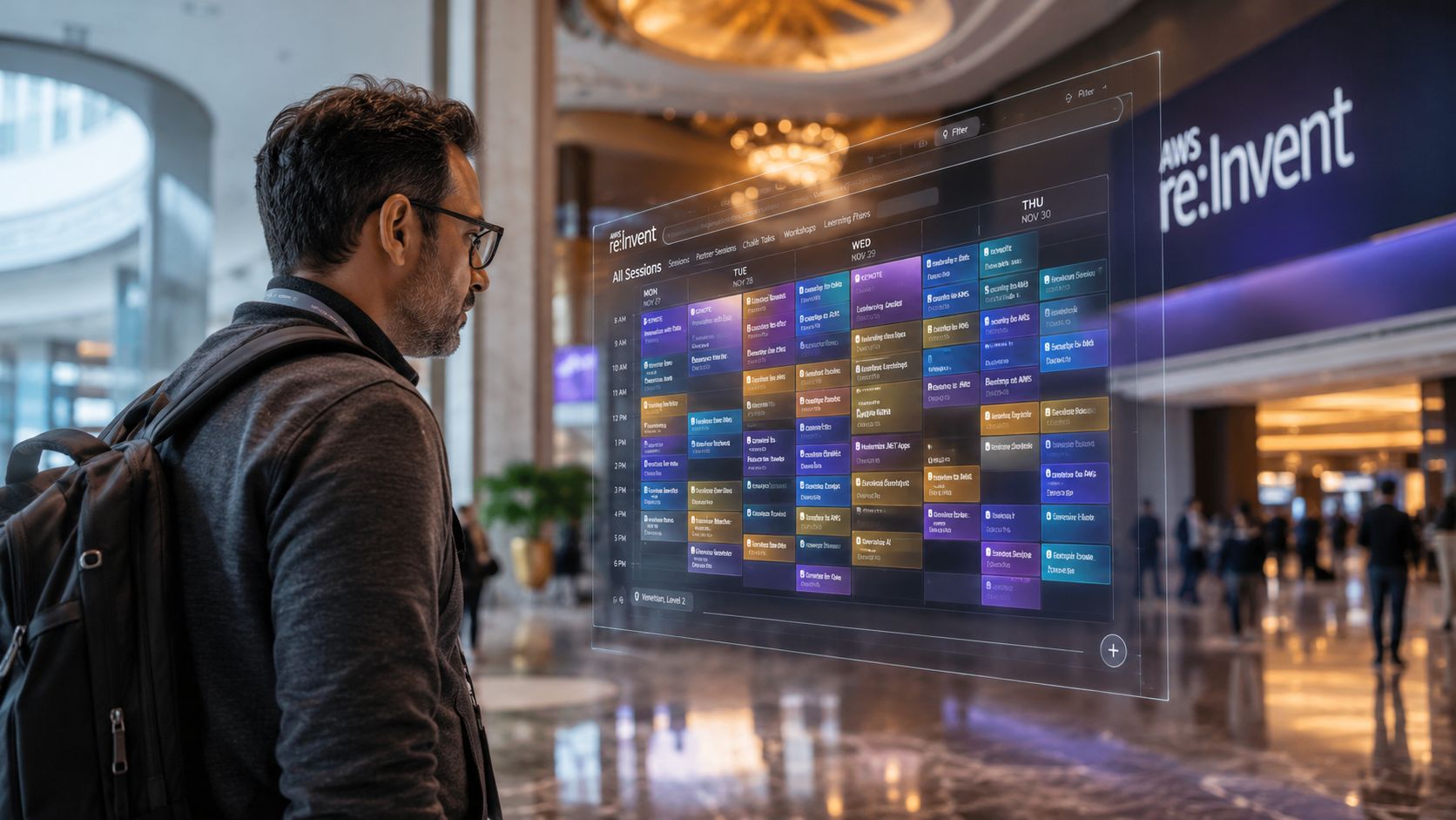 A professional man wearing glasses looking at a futuristic digital schedule floating in front of him.
