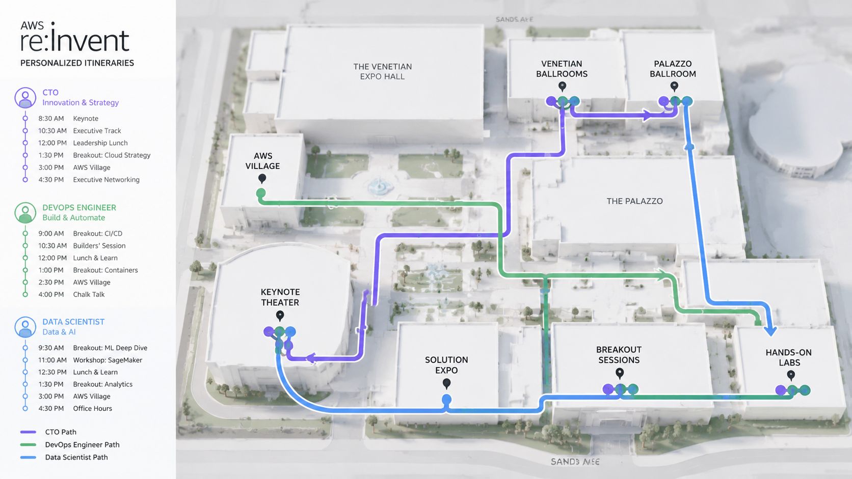 A map showing personalized AWS re:Invent conference schedules for three different professional roles with color-coded paths.