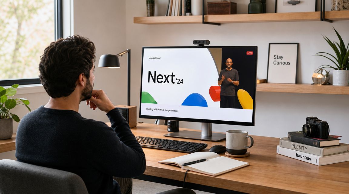A man sits at a wooden desk watching a Google Cloud Next '24 presentation on his computer monitor.