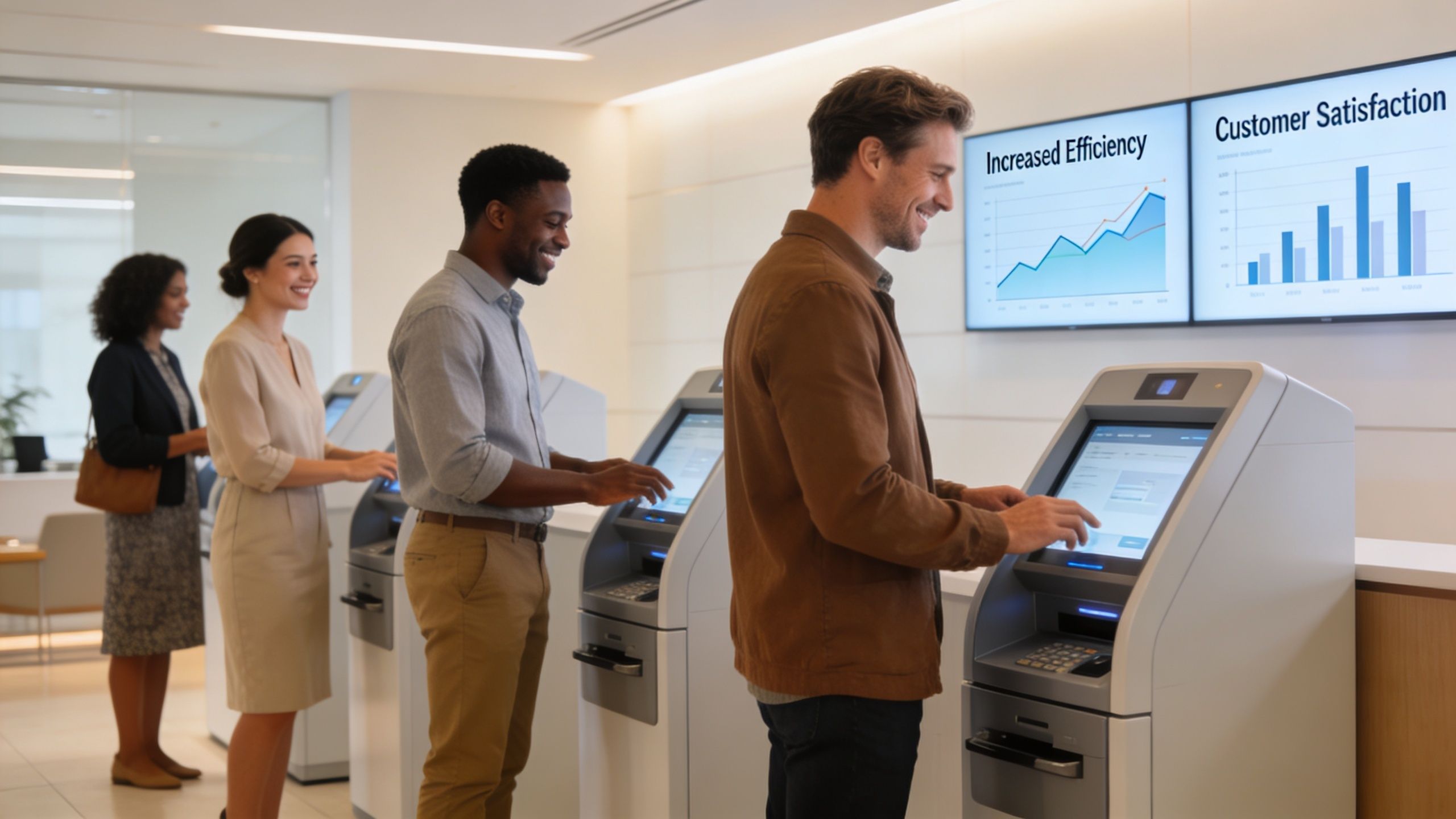 A diverse group of people waiting in line to use automated banking technology kiosks in a modern office.