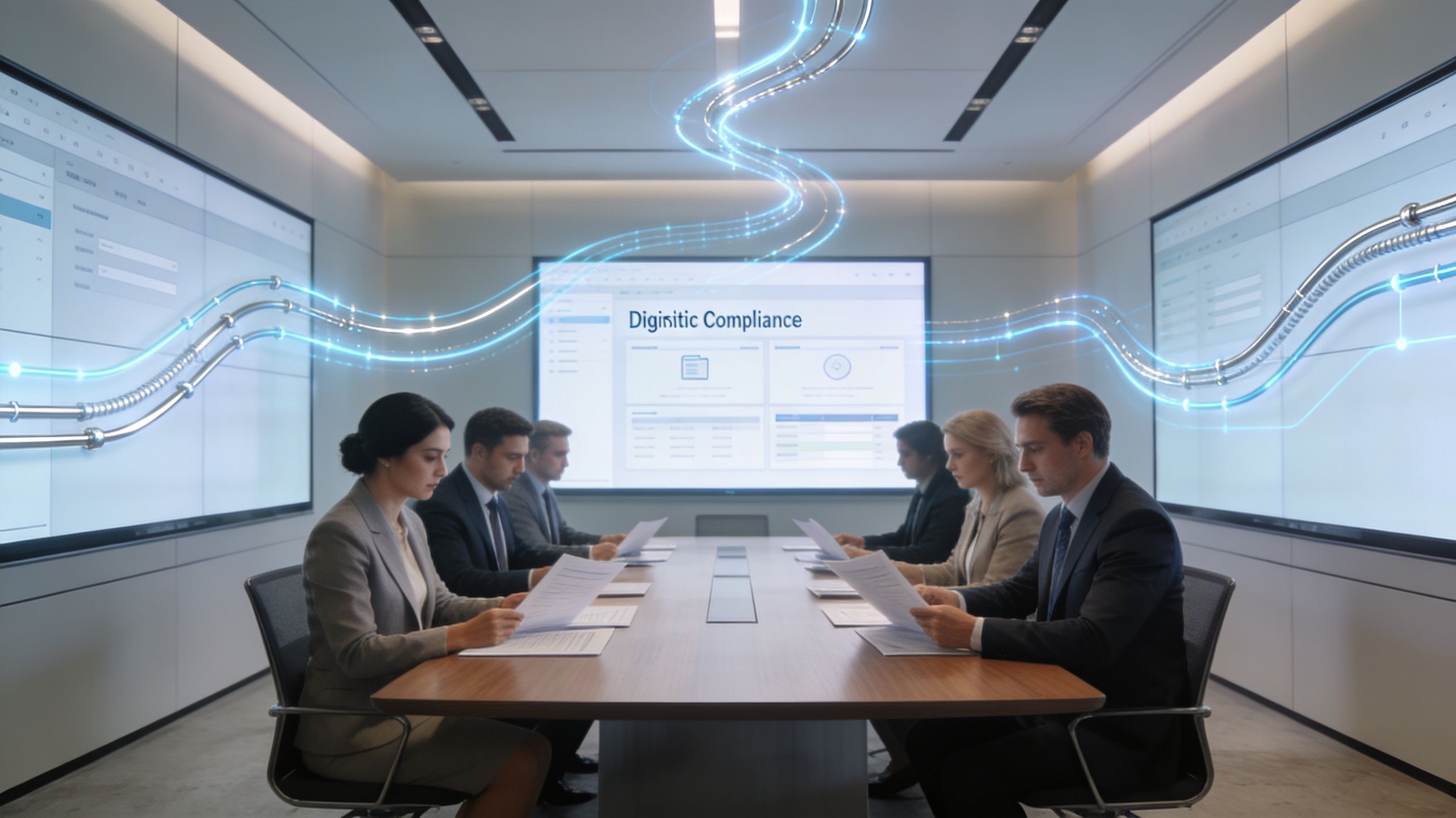 A professional team in a boardroom analyzing digital compliance data displayed on large interactive screens.