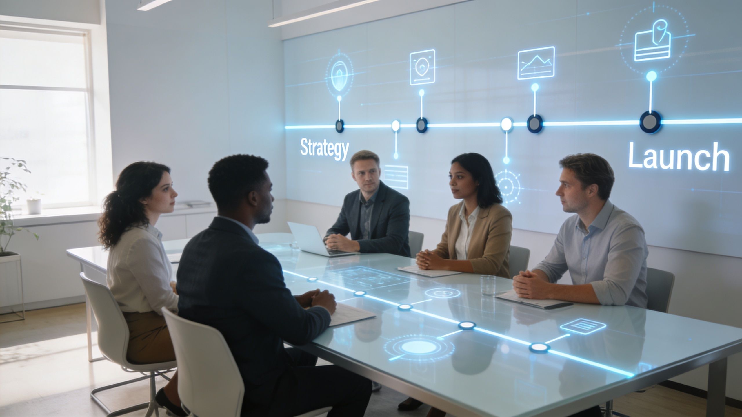 A professional business team sits around a table with digital holographic interface displays in a meeting room.