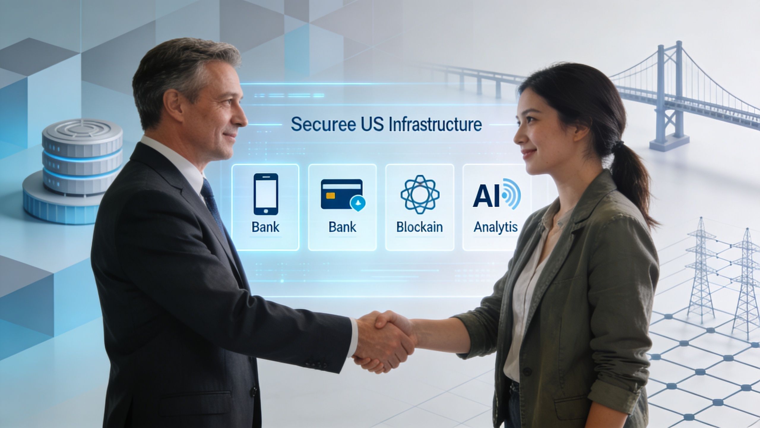A professional man and woman shaking hands in front of a digital display showing banking and infrastructure technology.
