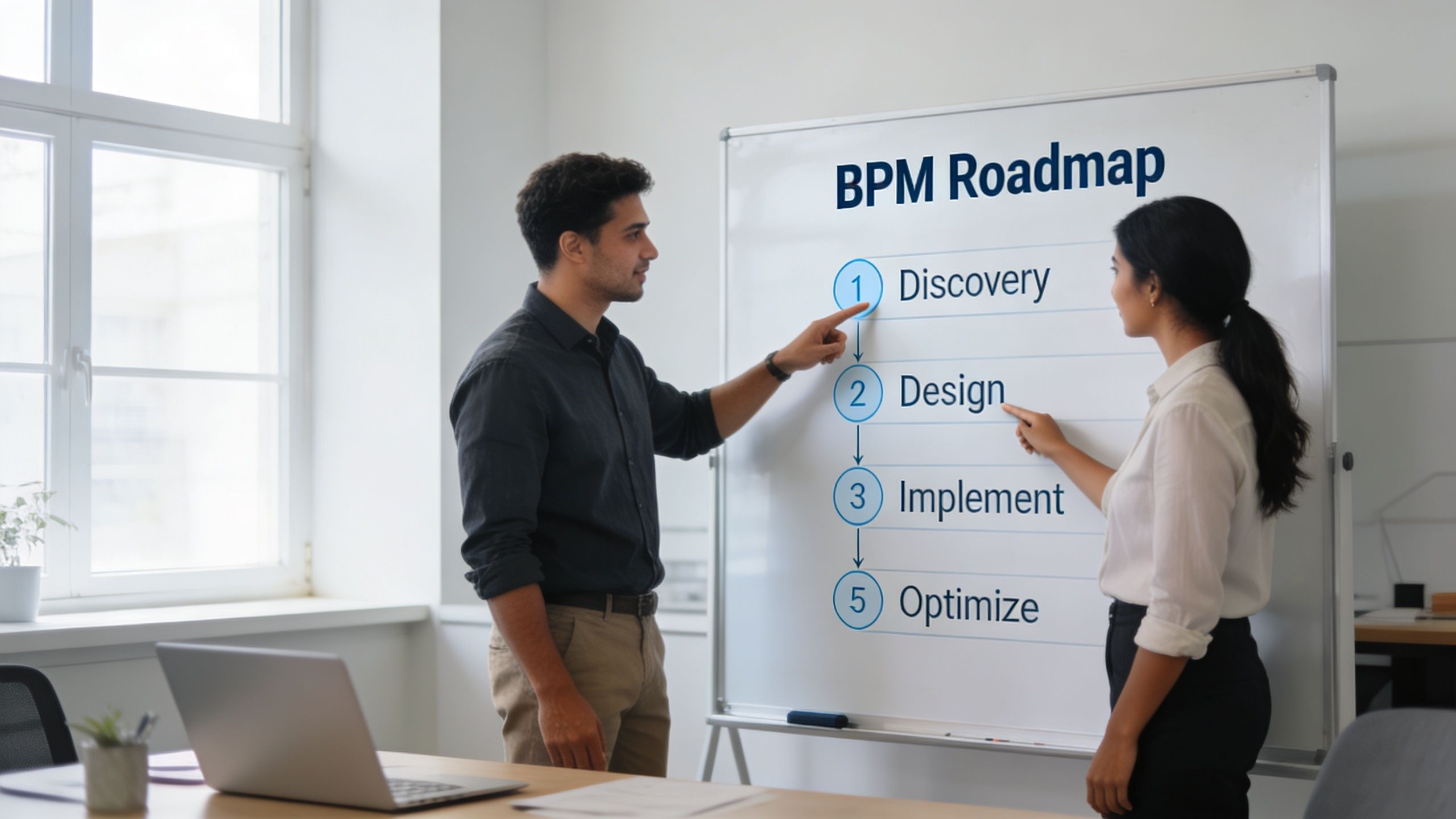 A man and a woman collaborating on a business process management roadmap on a whiteboard in office.