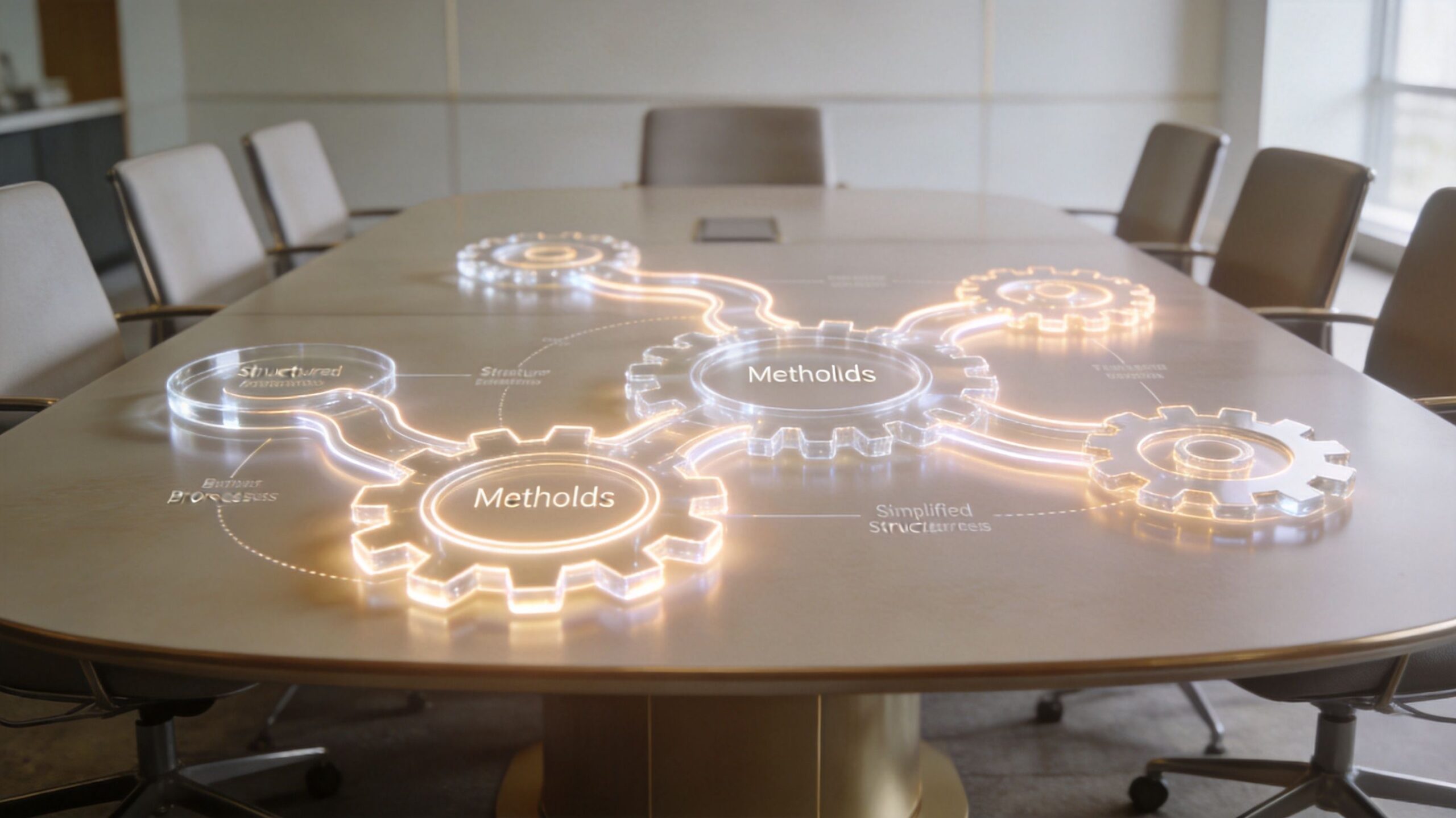 A digital holographic diagram of interconnected gears with labels placed on a modern boardroom meeting table.