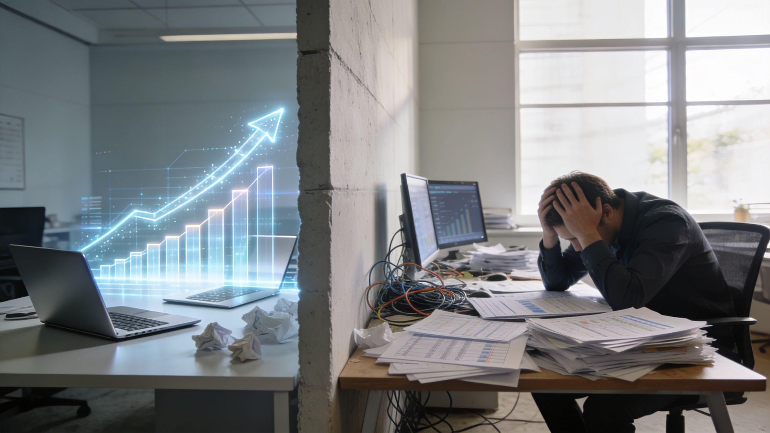 A split view showing a holographic growth chart on a clean desk and a stressed office worker.
