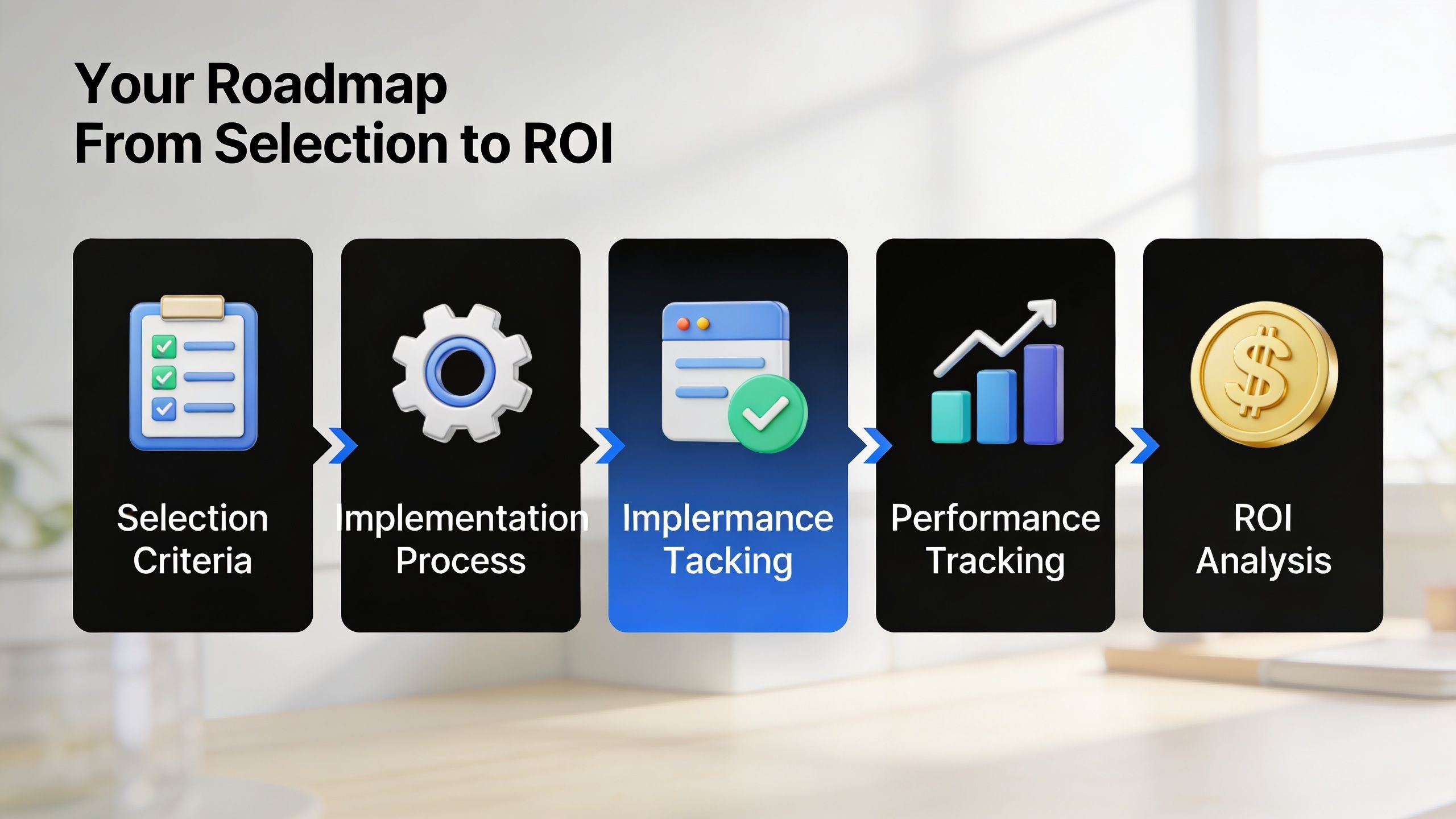 A five-step roadmap infographic titled From Selection to ROI illustrating a business process flow.