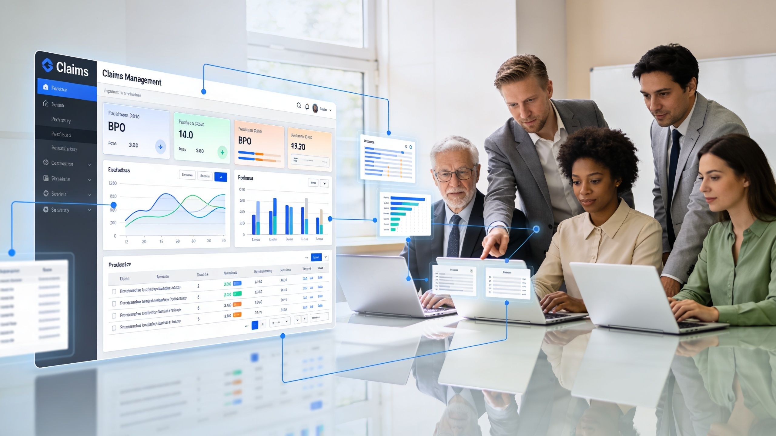A professional team collaborating on a digital claims management dashboard in a modern office environment.