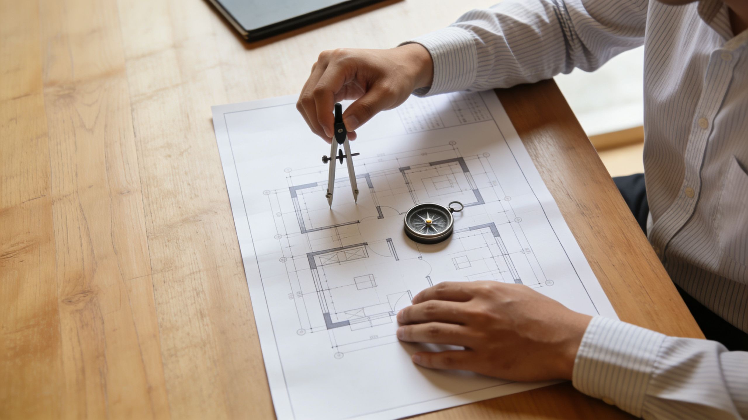 An architect works on a blueprint with a compass and a small compass tool on a wooden desk.