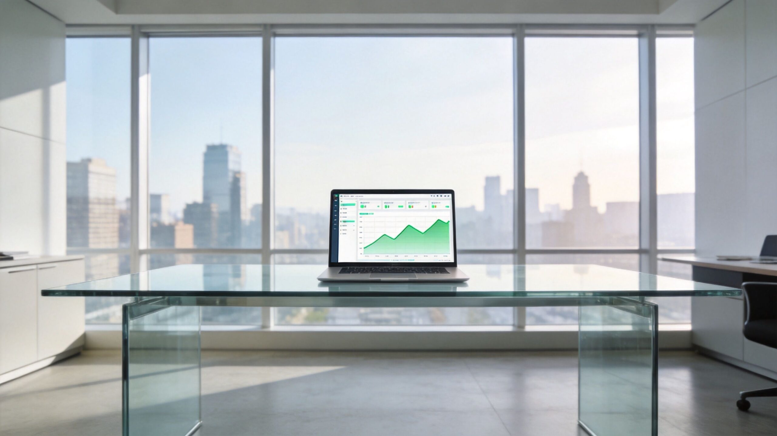 A modern office boardroom with a laptop displaying a financial growth chart on a glass desk.