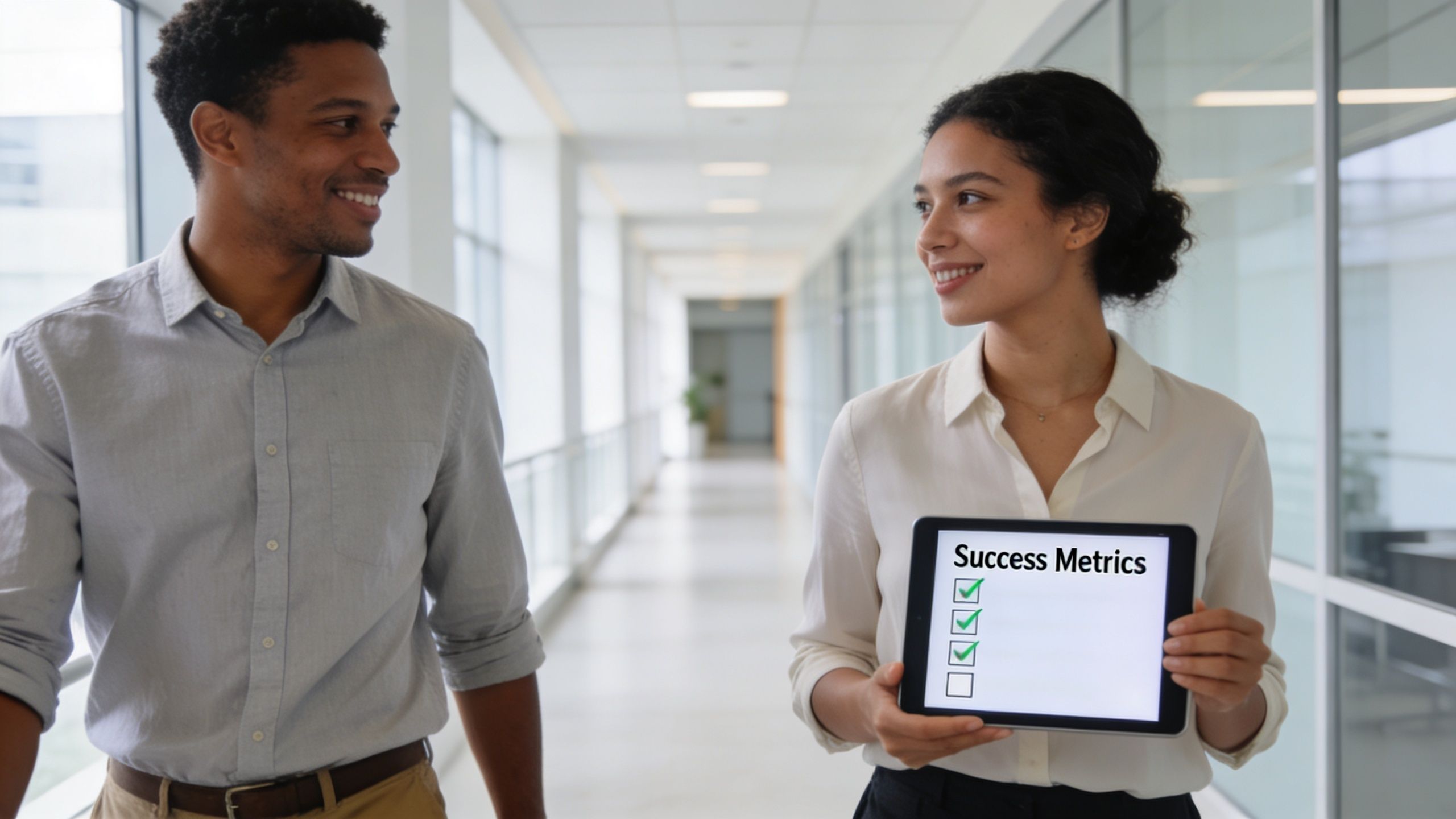 A professional man and woman walking down an office hallway, woman holding a tablet with success metrics.