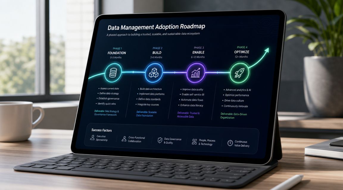A digital tablet displaying a four-phase data management adoption roadmap with success factors on a wooden desk.