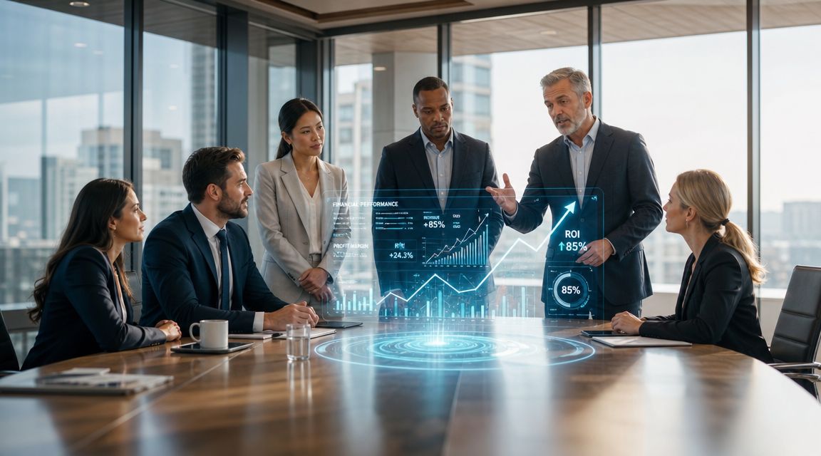 A professional team in a boardroom interacting with a digital holographic display showing financial performance and growth.