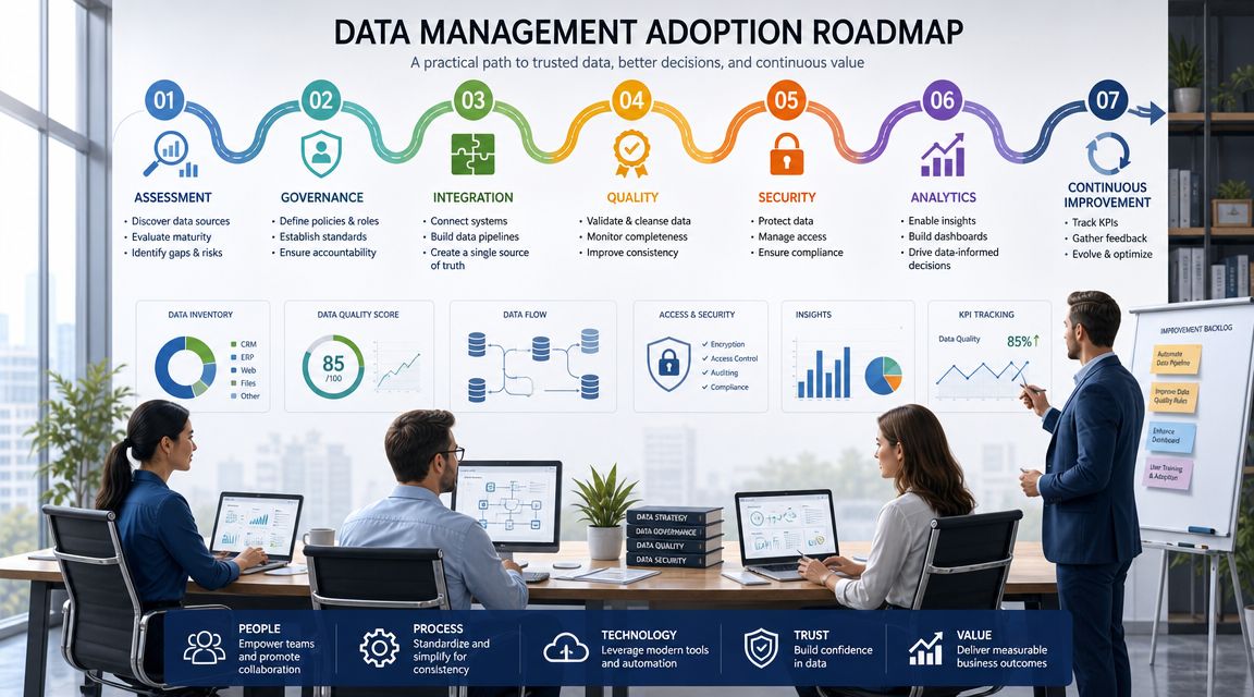 A professional team discussing a data management adoption roadmap on a digital screen in a modern office.