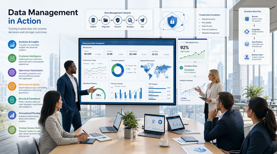 A professional team collaborating on business strategy using data management dashboards in a modern office boardroom.