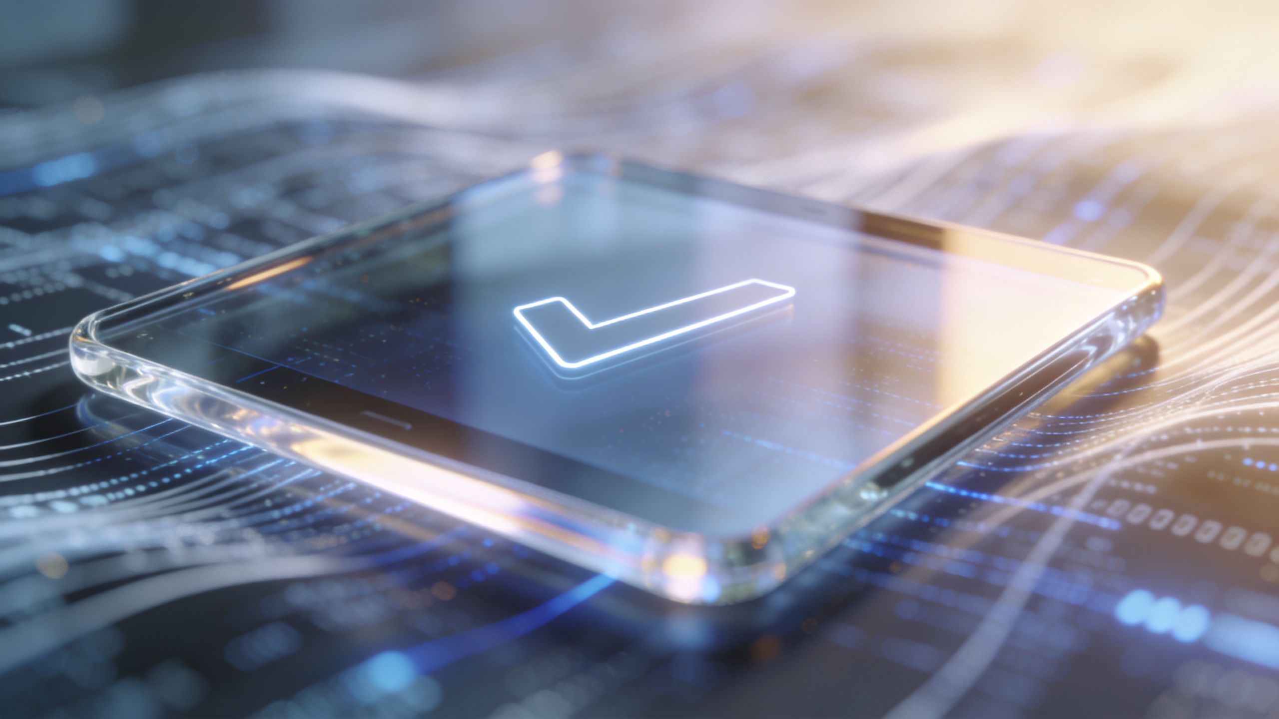 A glowing checkmark icon floating above a digital surface representing successful data migration and verification.