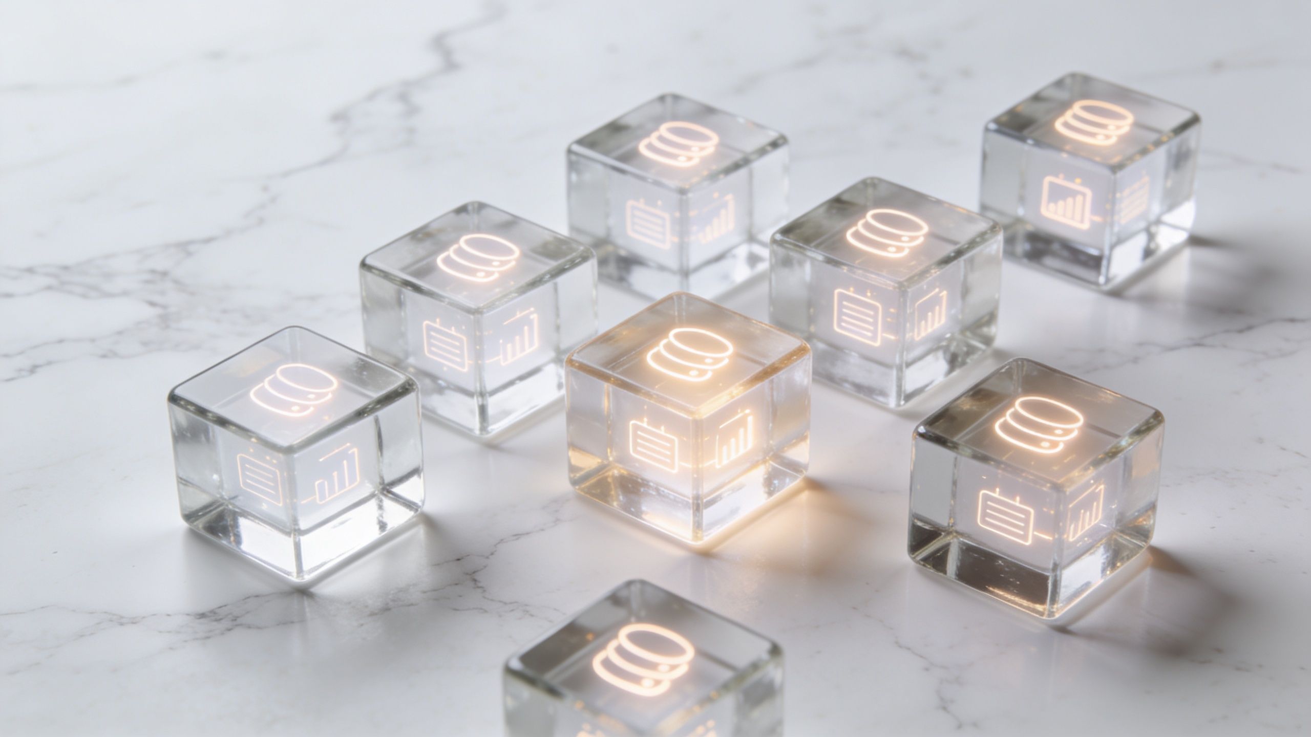 Several glass cubes with glowing data icons on a marble surface, representing digital data management and migration.