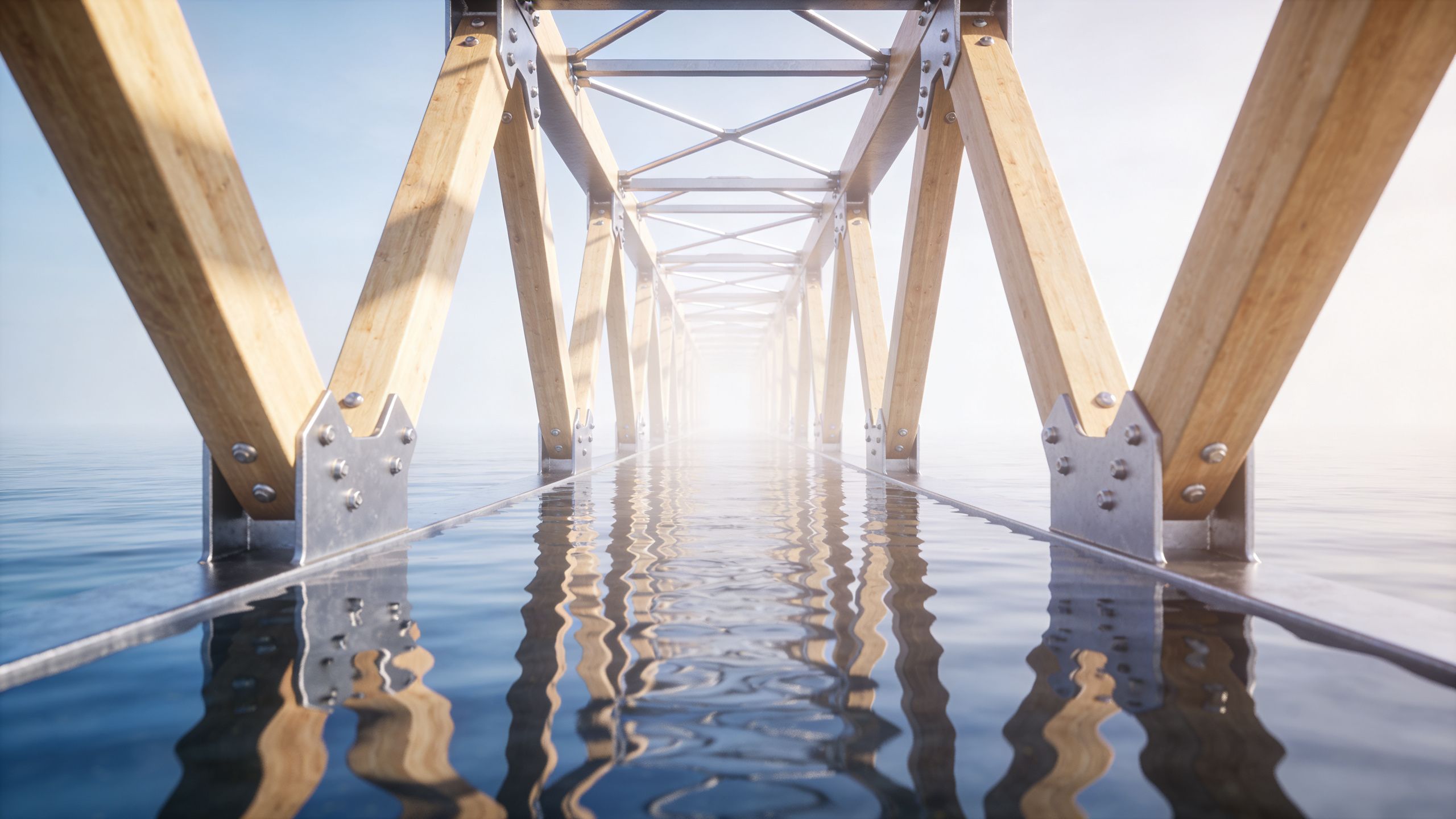 A modern bridge structure with wooden beams and steel connectors extending into a misty, reflective ocean horizon.