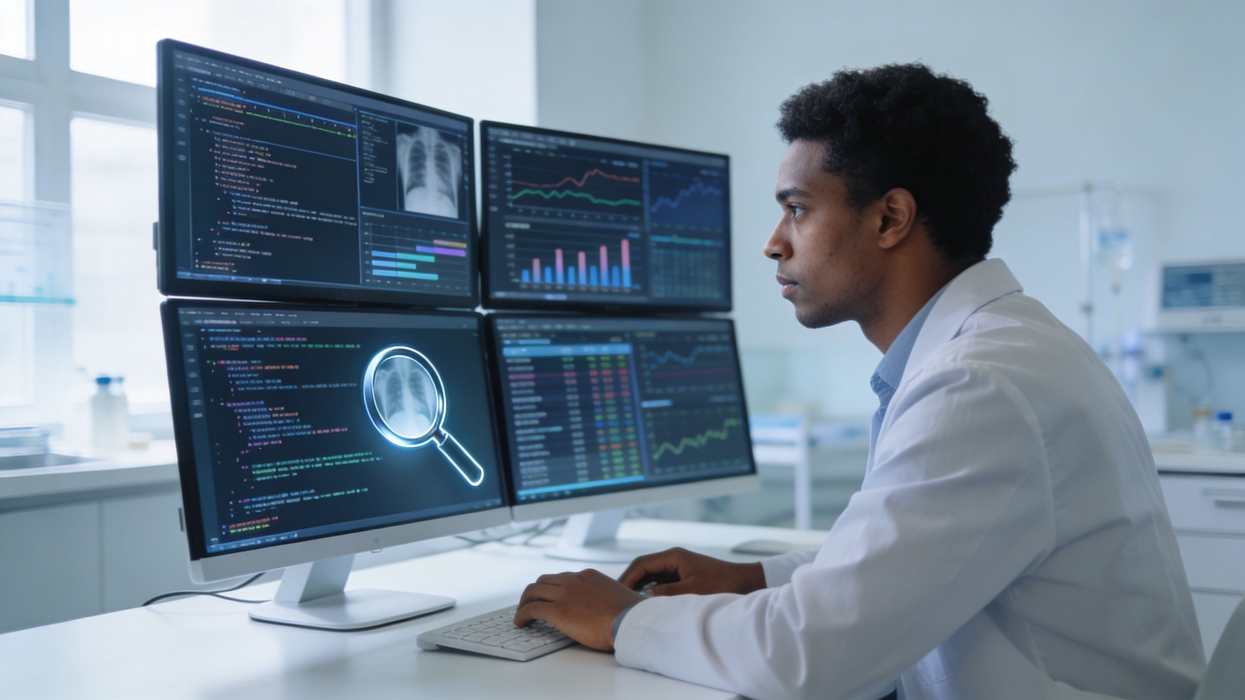 A healthcare data scientist analyzing lung medical imagery and complex data analytics on four large computer monitors.