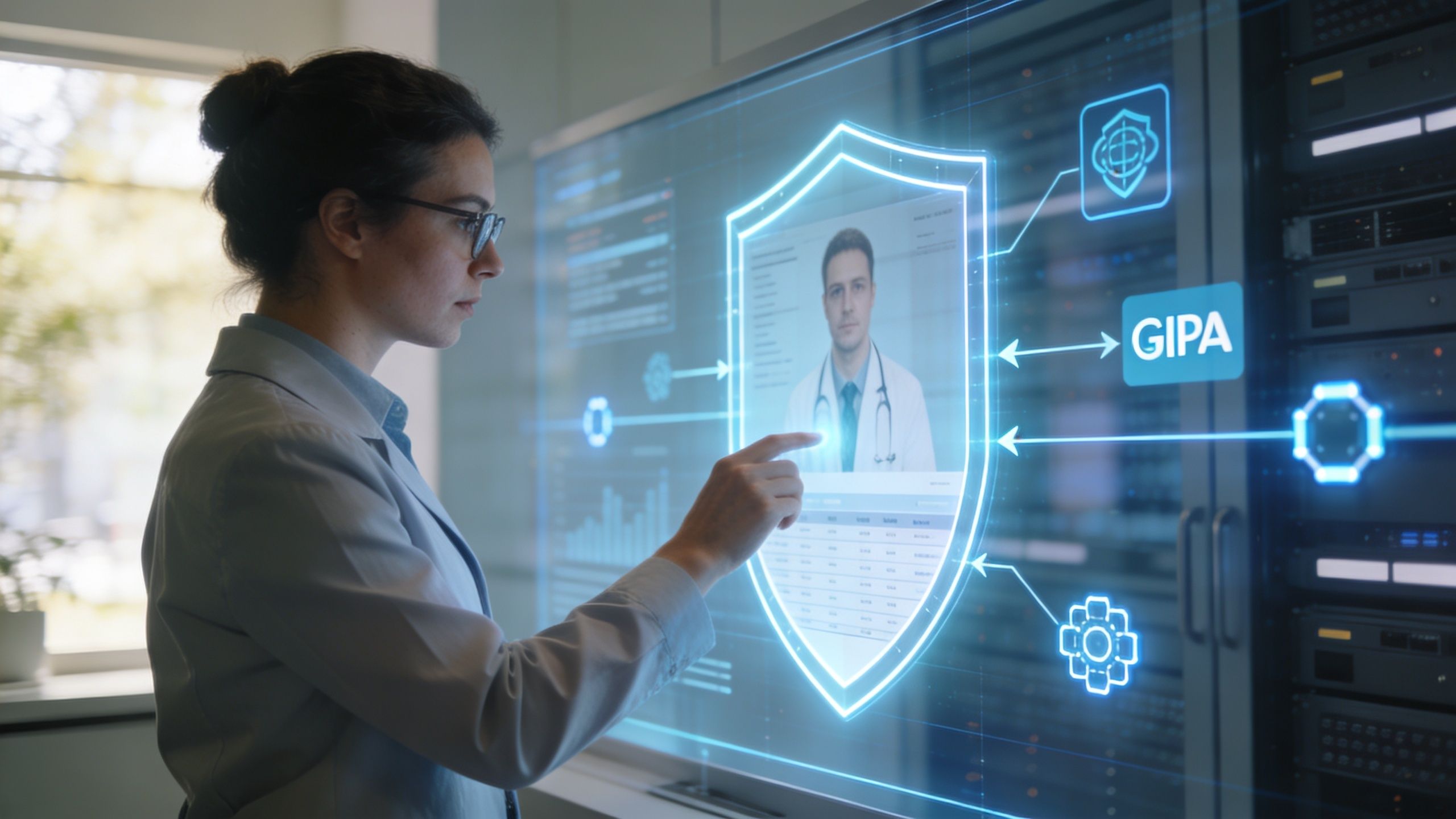 A female data scientist interacts with a holographic interface displaying digital health records and cybersecurity shields.