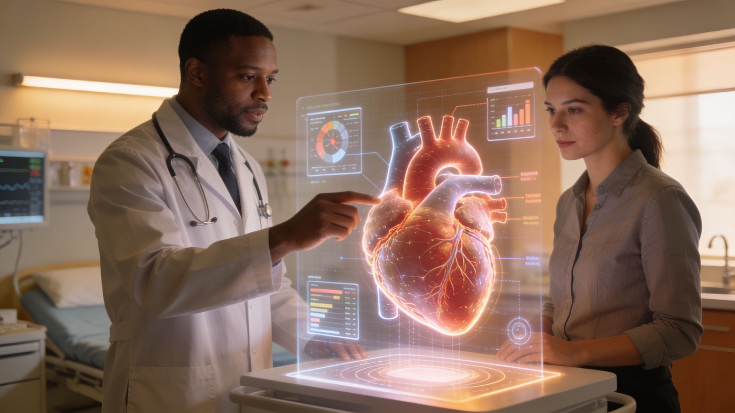 A doctor uses a holographic interface to explain heart data to a patient in a medical room.