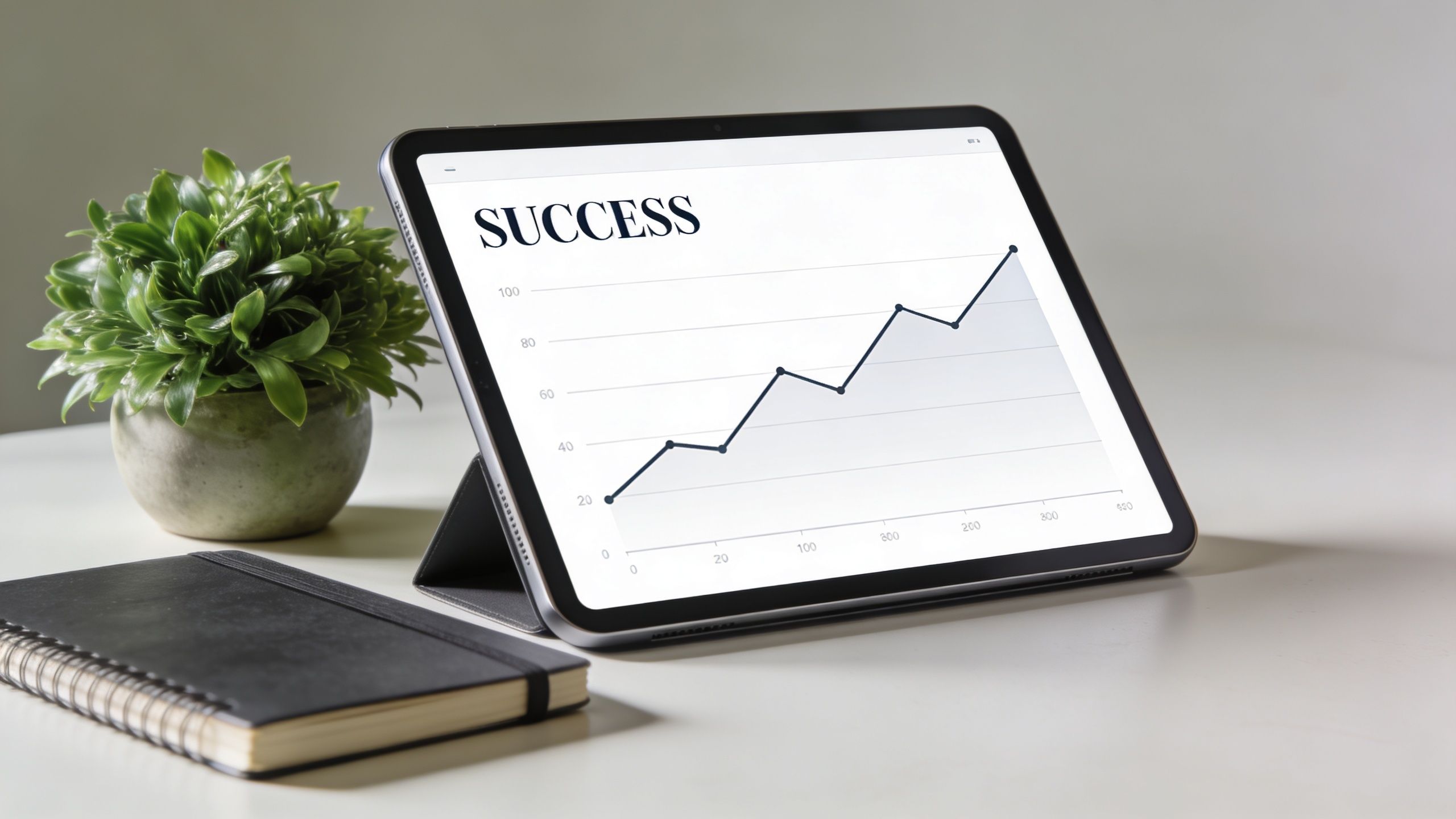 A digital tablet displaying a success growth chart with a small potted plant and a black notebook.