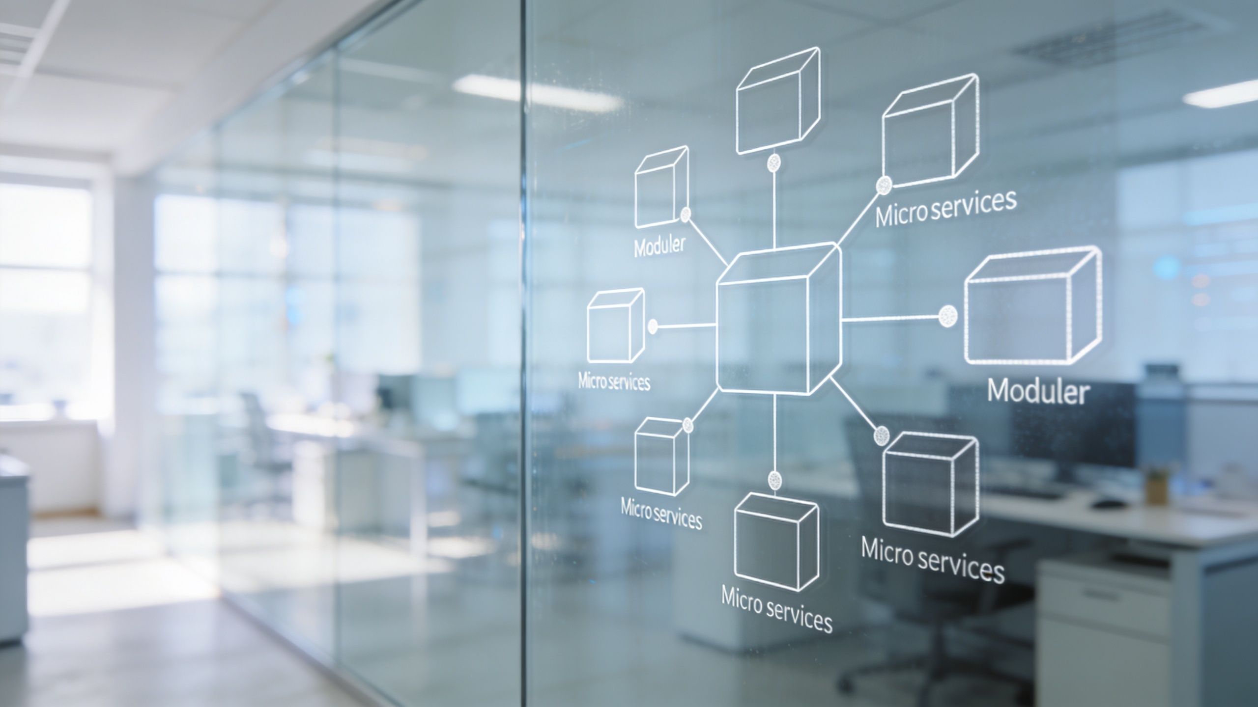 A diagram of a central hub connected to multiple microservices and modular components on a glass wall.