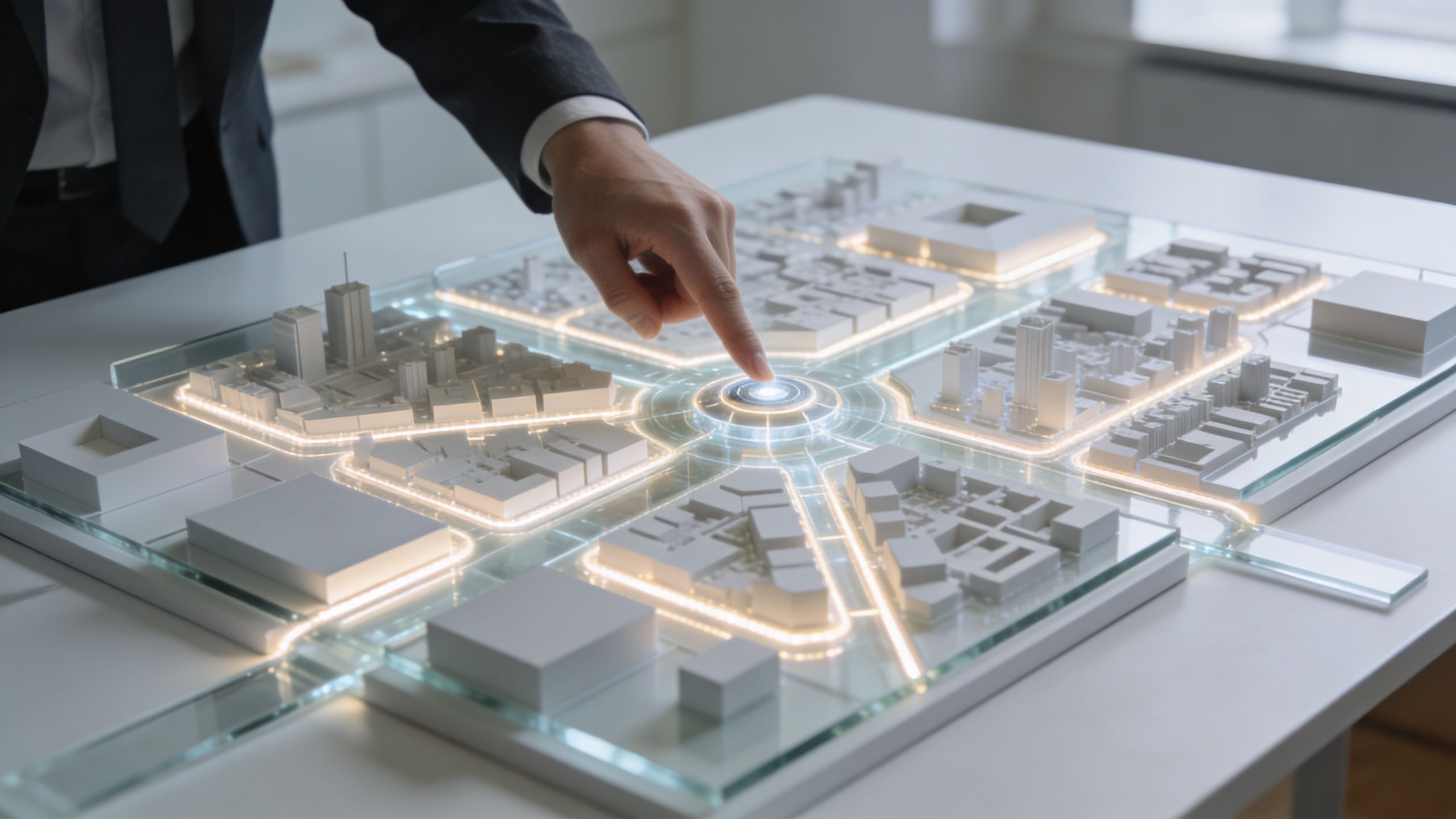 A professional architect in a suit interacting with a glowing digital city model on a table.