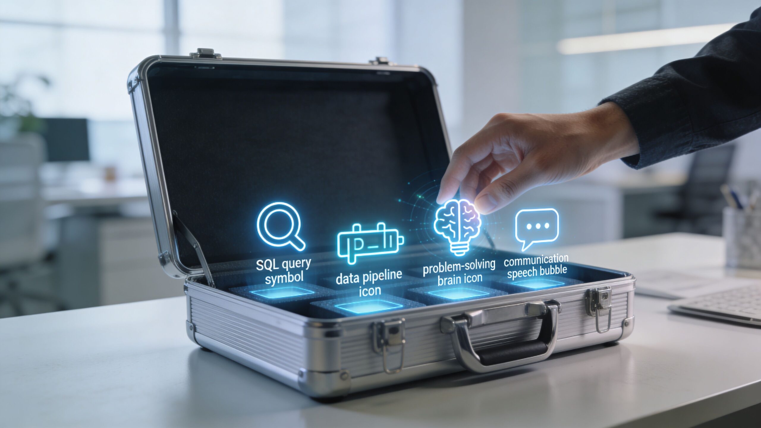 A professional opening a silver briefcase filled with glowing icons representing data analysis and problem solving skills.