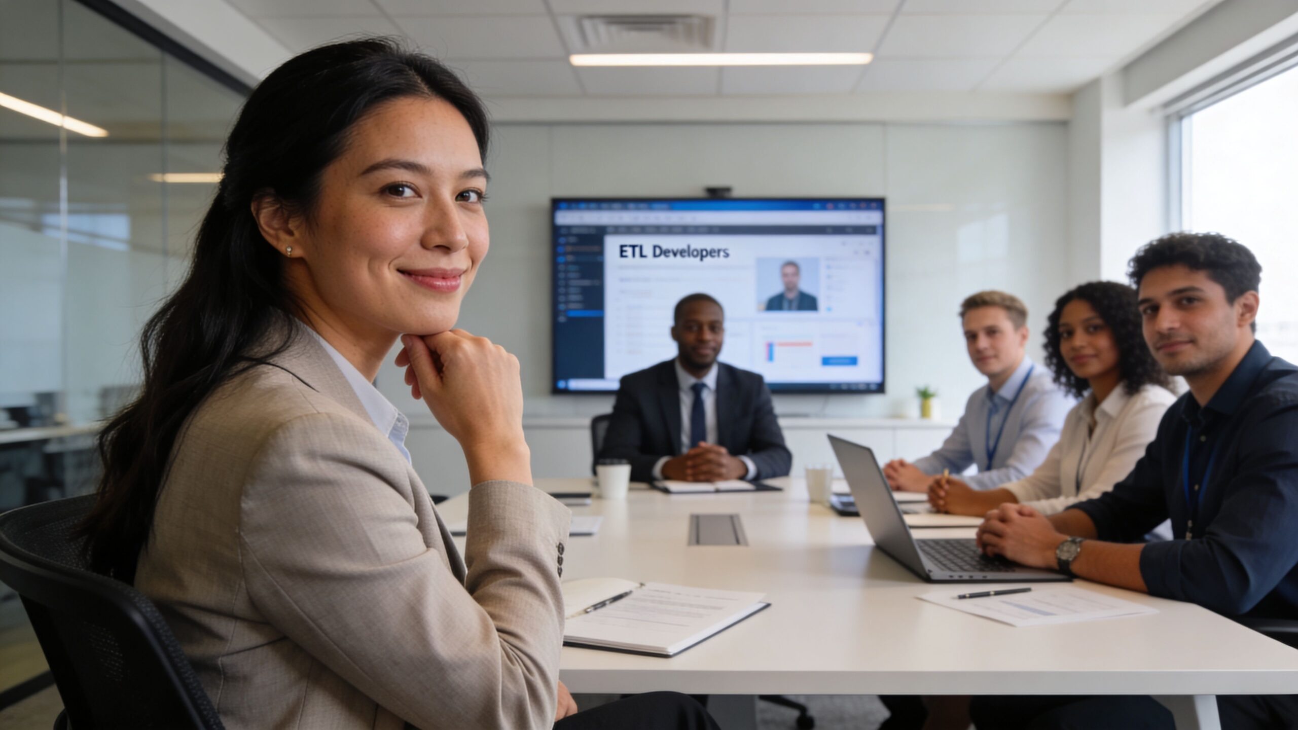 A professional team of ETL developers having a collaborative business meeting in a modern office boardroom.