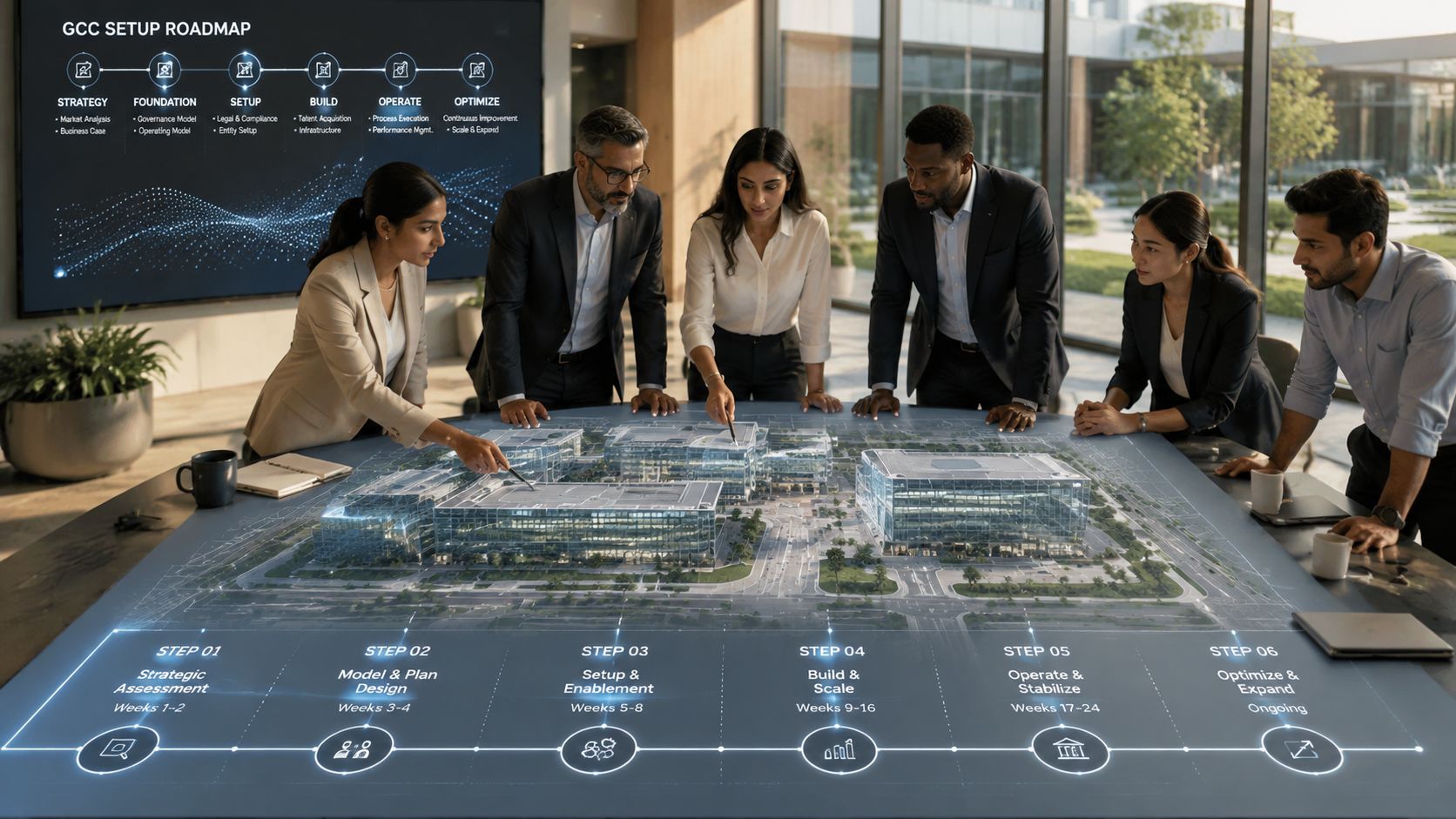 A professional team discussing a holographic 3D model of a global capability center in a modern boardroom.