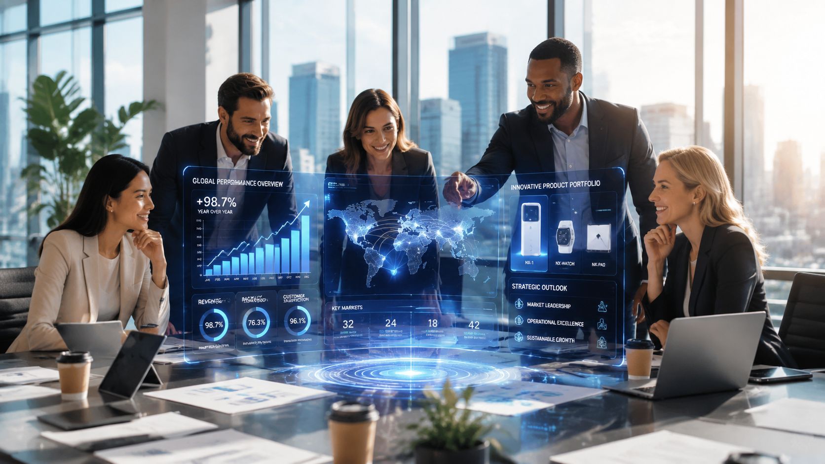 A professional team reviewing holographic data visualizations on a digital table in a modern corporate office.