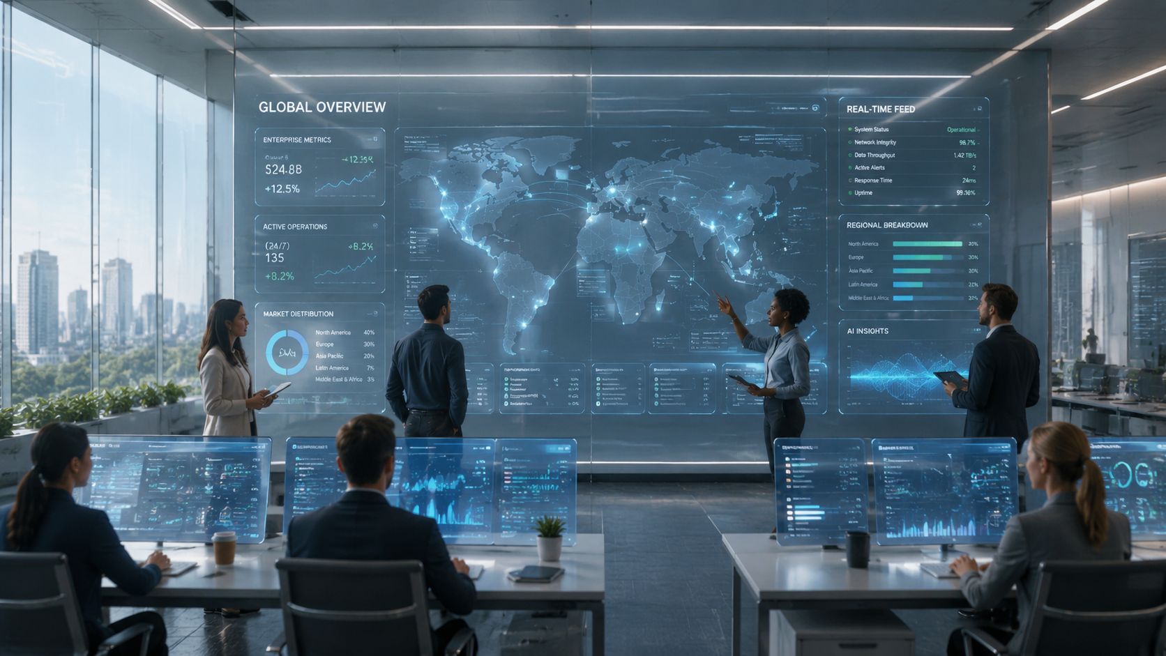 A professional team collaborates in a modern tech office viewing a large digital global data map display.