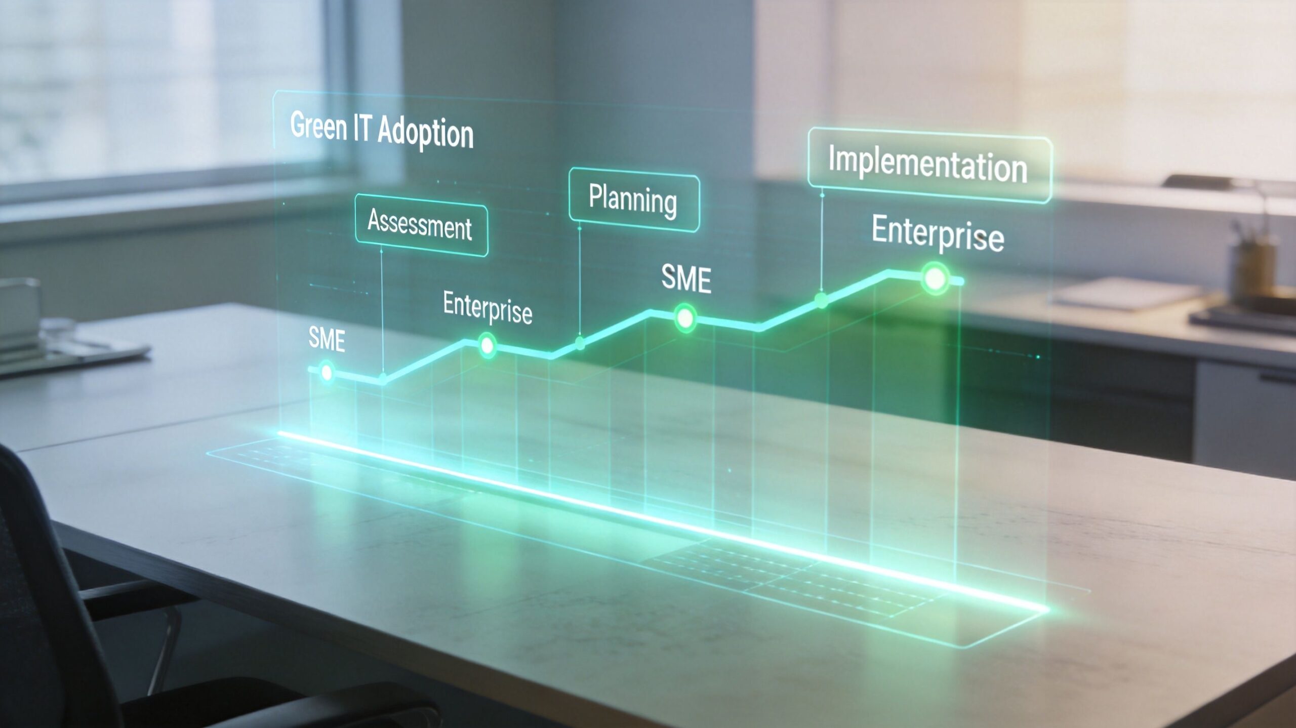 A digital holographic chart on a table visualizing green IT adoption steps for enterprise and SME businesses.