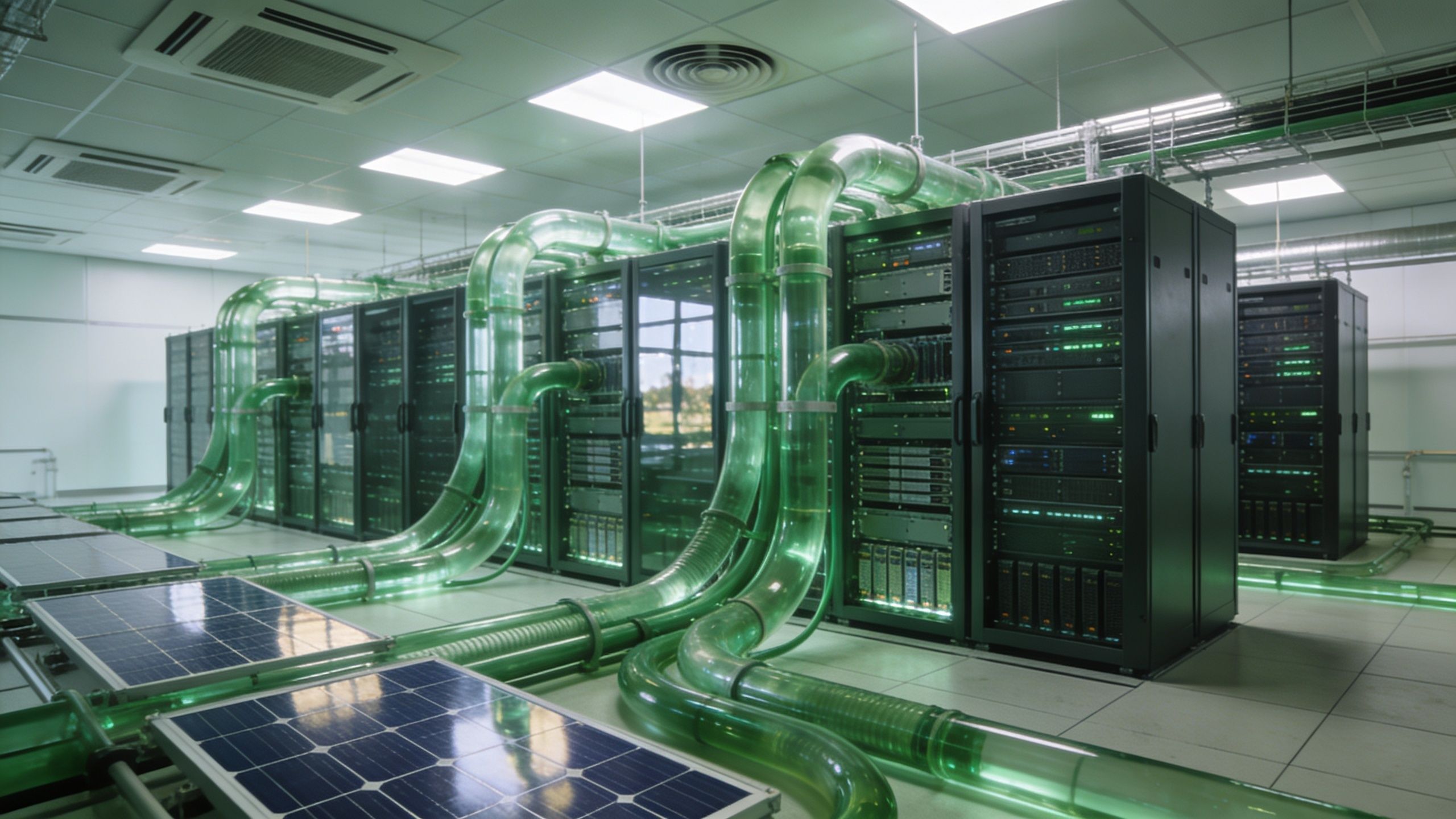 A data center featuring servers connected by green liquid-filled tubes and nearby solar panels for sustainable cooling.