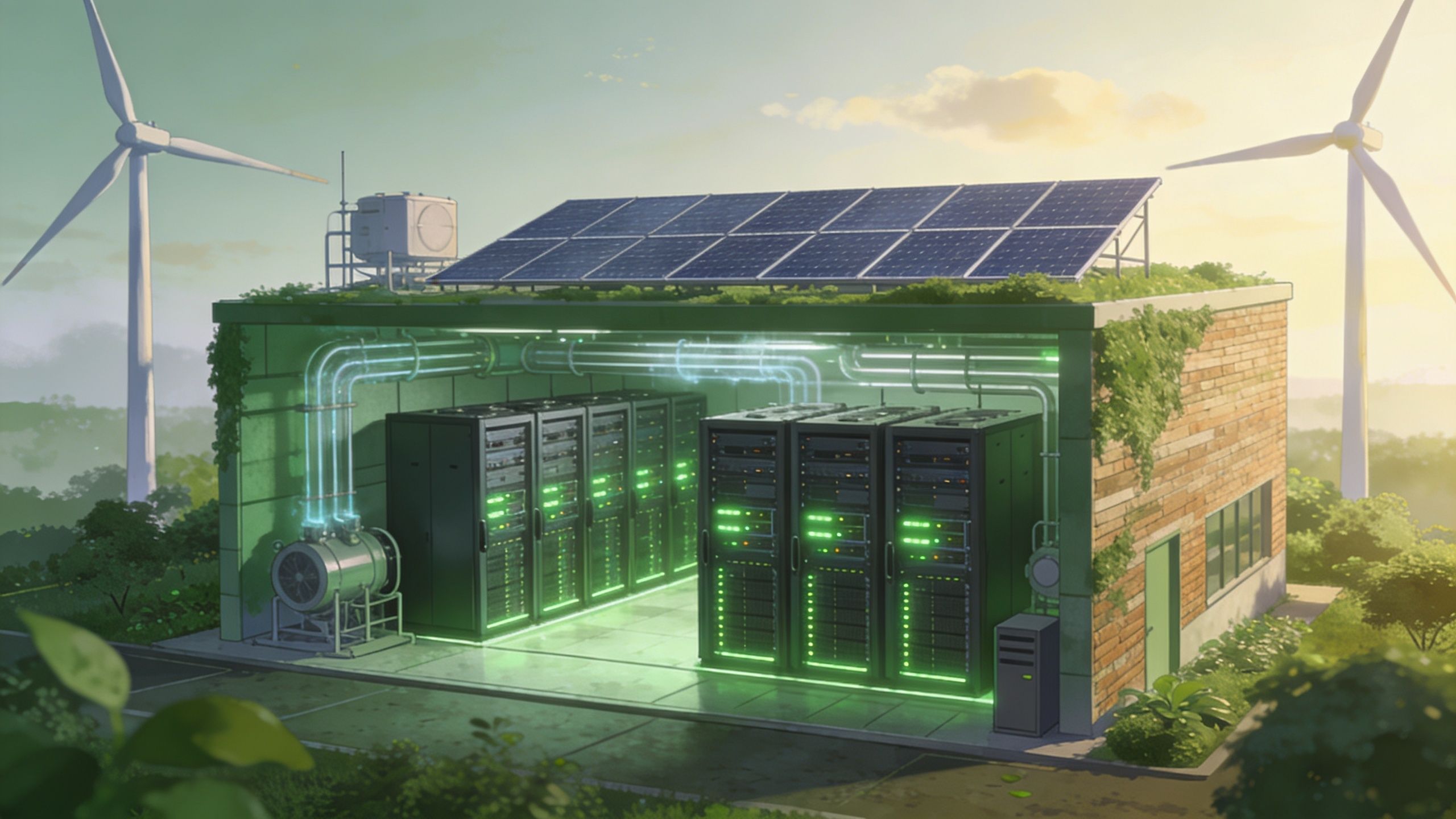 A sustainable data center building powered by solar panels and wind turbines in a lush landscape.