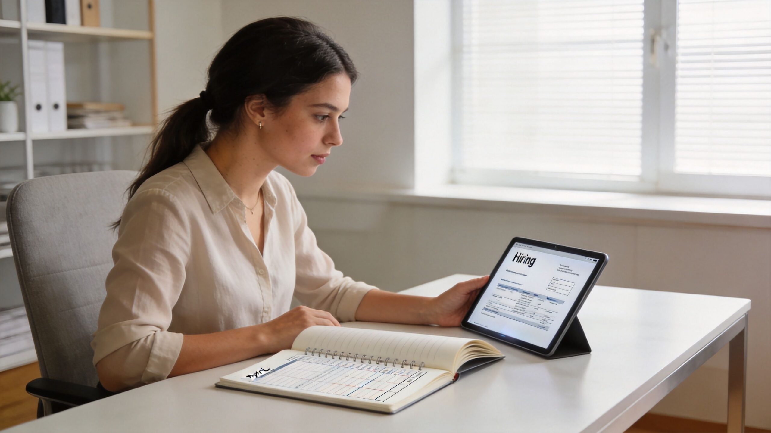 A woman reviewing hiring and payroll information on her tablet while looking at a planner.